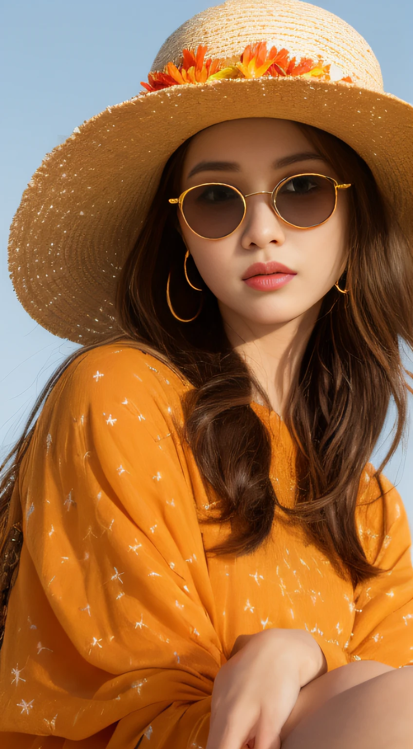 absurdres, highres, ultra detailed, 1girl, solo, extremely detailed eyes, starfish, seashell, shell, flower, hat, hair ornament, jewelry, straw hat, looking at viewer, sunglasses, hat flower, drinking straw, hairclip, earrings, red flower, tinted eyewear, yellow flower, bangs, english text, multicolored hair, orange flower, black hair, ring, cup, long hair, orange-tinted eyewear, food, brown hair, portrait, shell hair ornament