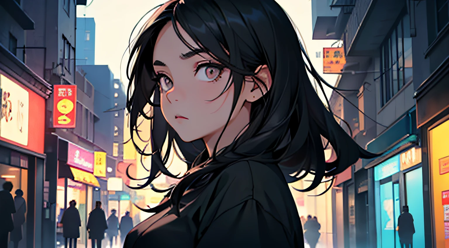 Beautiful girl,Expression sad,Long black hair,black big eyes,the night,Bustling street,look up to