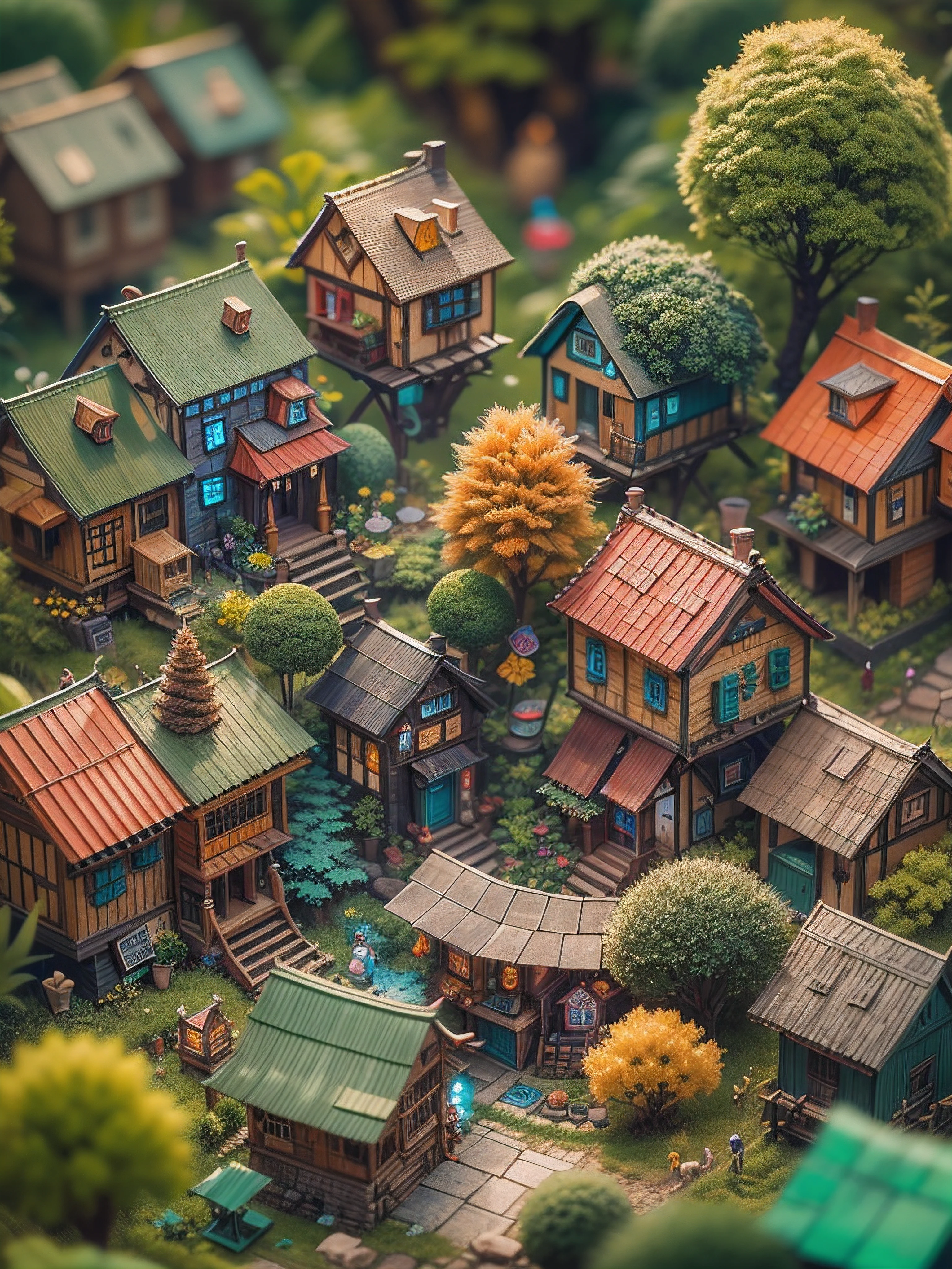 Isometric Complete tiny world with all kinds of adorable colourful tiny hairy fantasy forest houses, Miki Asai Macro photography, close-up, hyper detailed, trending on artstation, sharp focus, studio photo, intricate details, highly detailed, by greg rutkowski