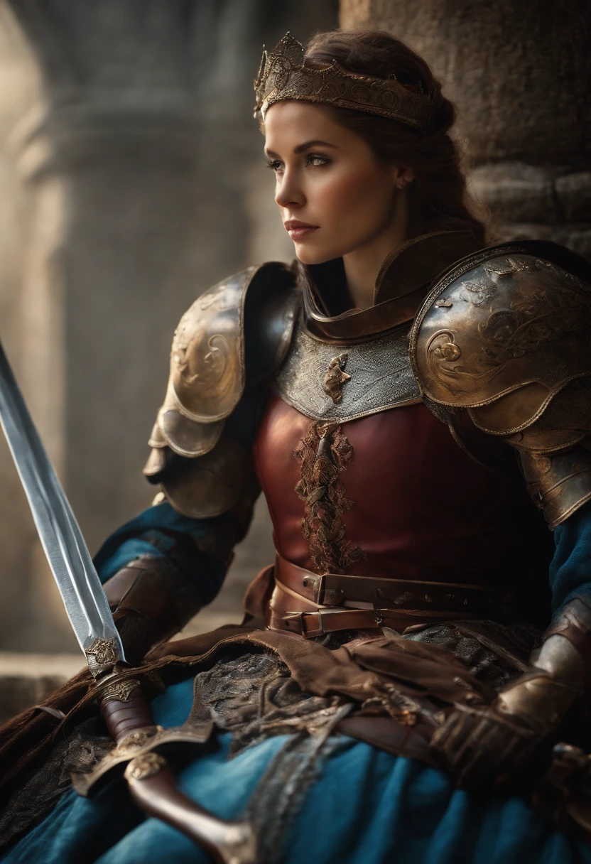 creates an image of a woman in medieval armor, she has a sword pressed against her forehead and is resting