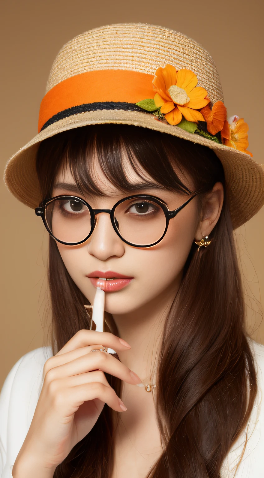 absurdres, highres, ultra detailed, 1girl, solo, extremely detailed eyes, starfish, seashell, shell, flower, hat, hair ornament, jewelry, straw hat, looking at viewer, sunglasses, hat flower, drinking straw, hairclip, earrings, red flower, tinted eyewear, yellow flower, bangs, english text, multicolored hair, orange flower, black hair, ring, cup, long hair, orange-tinted eyewear, food, brown hair, portrait, shell hair ornament