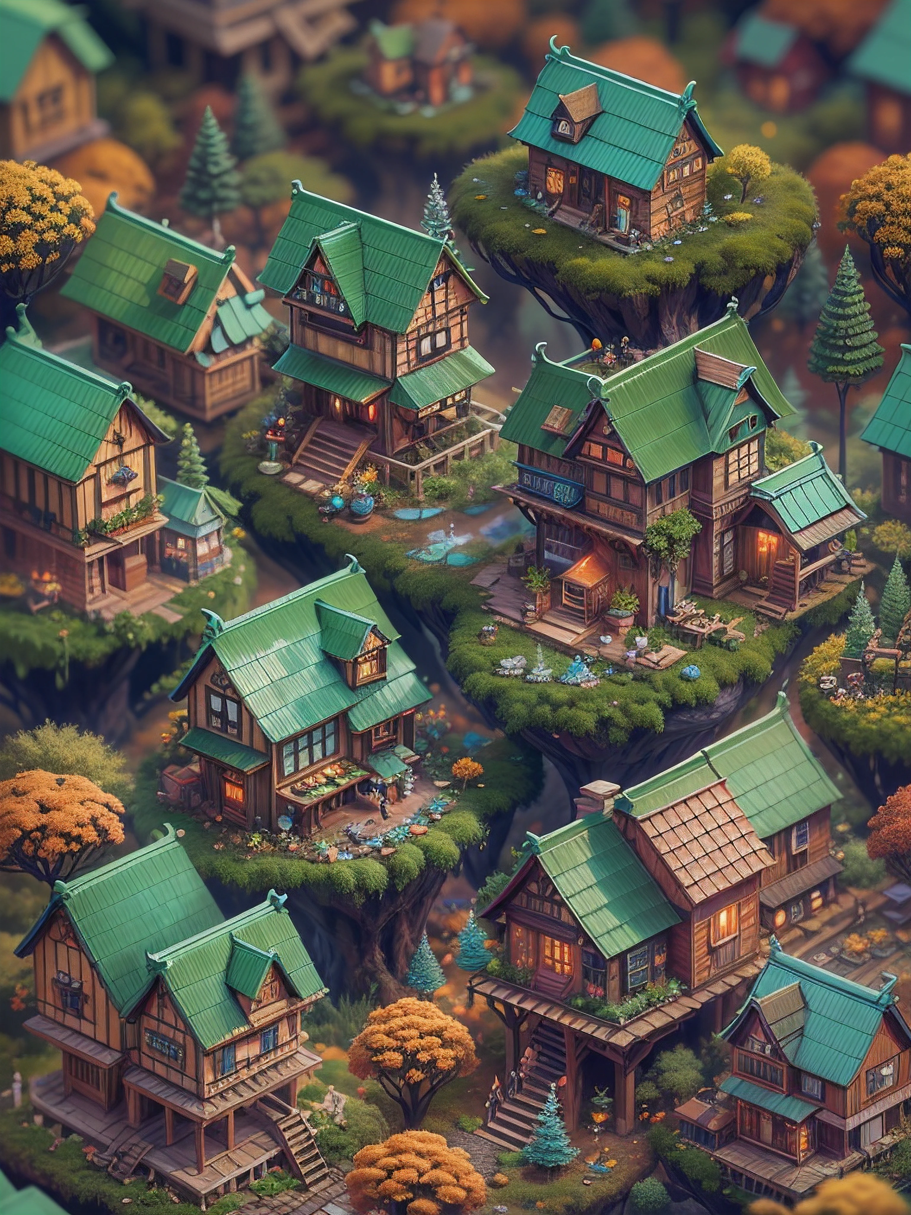 Isometric Complete tiny world with all kinds of adorable colourful tiny hairy fantasy forest houses, Miki Asai Macro photography, close-up, hyper detailed, trending on artstation, sharp focus, studio photo, intricate details, highly detailed, by greg rutkowski