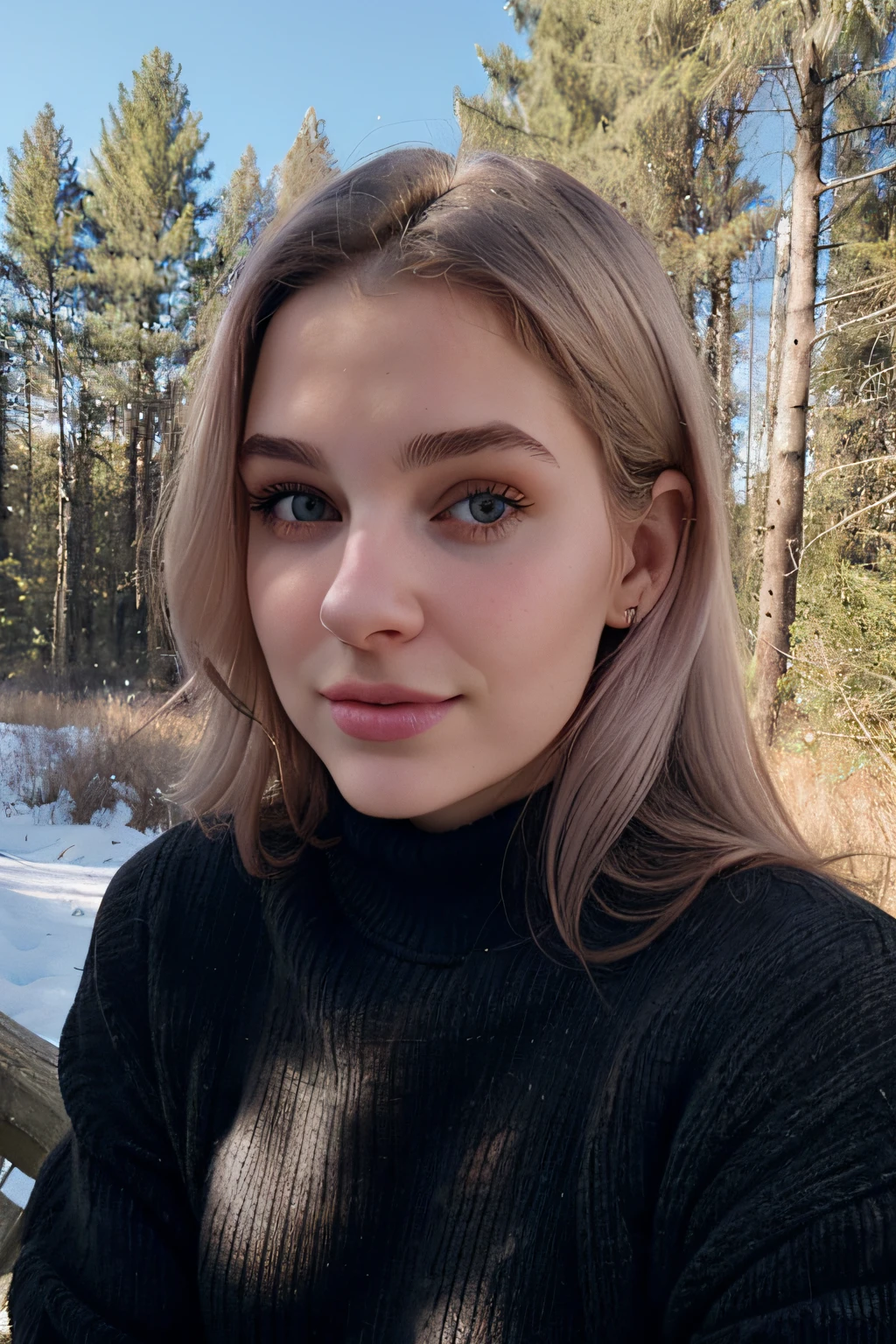 Photo Instagram, Photo de visage en gros plan de 23 ans.o Chloe in a black sweater, pale skinned, (sourire:0.4), ombres dures, dans la foret, (regarde le paysage)