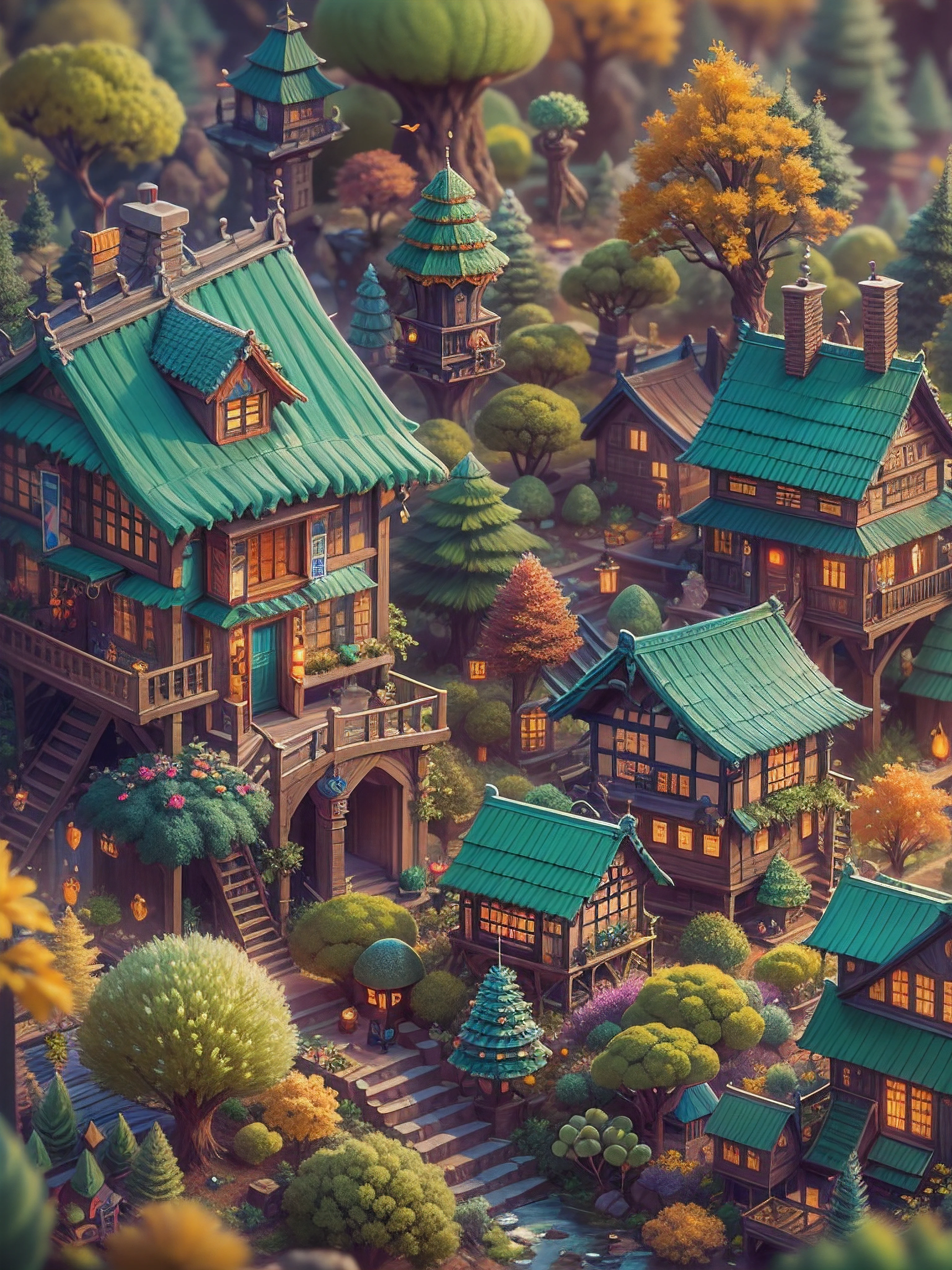 Isometric Complete tiny world with all kinds of adorable colourful tiny hairy fantasy forest houses, Miki Asai Macro photography, close-up, hyper detailed, trending on artstation, sharp focus, studio photo, intricate details, highly detailed, by greg rutkowski