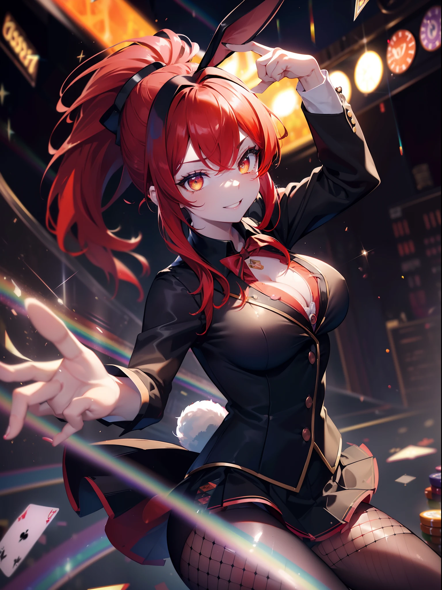 (Black tights and skirt:1.3),(Cat's ears:1.3),(Bright red hair ponytail with details:1.7),(Pupil Focus:1.3),(Slim Face:1.3), (slot machine millionaire:1.3),(Excited smile:1.3) ,(large full breasts:1.0),(Black Uniform Dealer Costume:1.3),(big eye:1.3), (fishnet tights:1.2), (Exposing breasts:1.3), (Rabbit ears:1.3), (The number 7:1.3),(777:1.3),7 Design,Bar Design,Casino Text,pentacle,gold rush,Casino Poker,Casino Roulette,Neon Beam,Canon 5D, 85 mm, Depth of subject, 8K, ultra sharpness, nffsw, octane, Unreal, Dramatic light, Global Illumination,Motion Picture Film,rainbow,lensflare,(Orange Eyes:1.3),extremely detailed eye,(Star Rainbow Art:1.3),(PlayingCards:1.3),(Agfacolor:1.3),(close portrait:1.3),(Feminine:1.4),(Beautiful:1.4),(Attractive:1.3),Move an angle,perfectly detailed eyes,Themed Background,