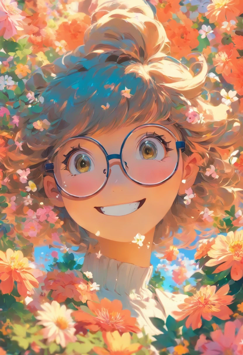 Girl with small eyes in glasses，Hair is medium long，Flat bangs，ssmile，The back is surrounded by many flowers