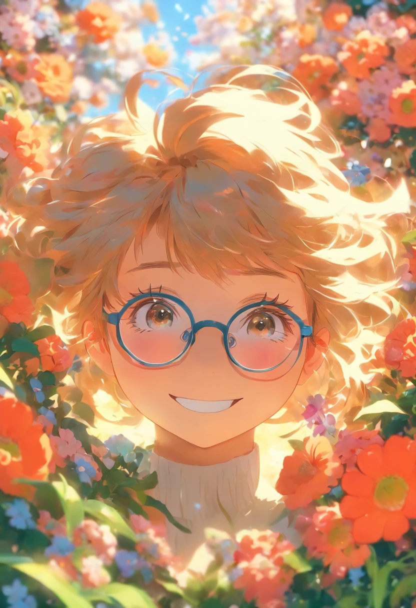 Girl with small eyes in glasses,Hair is medium long,Flat bangs,ssmile,The back is surrounded by many flowers