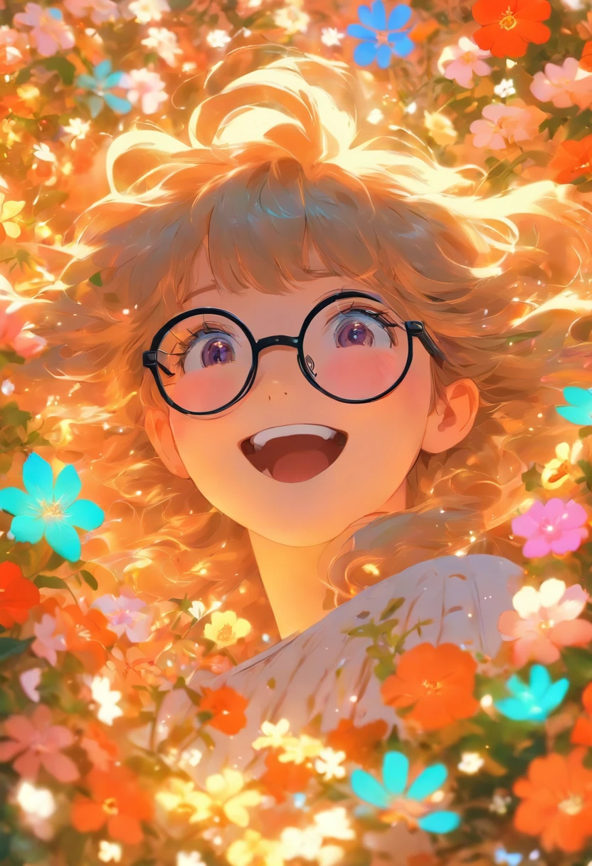 Girl with small eyes in glasses,Hair is medium long,Flat bangs,ssmile,The back is surrounded by many flowers