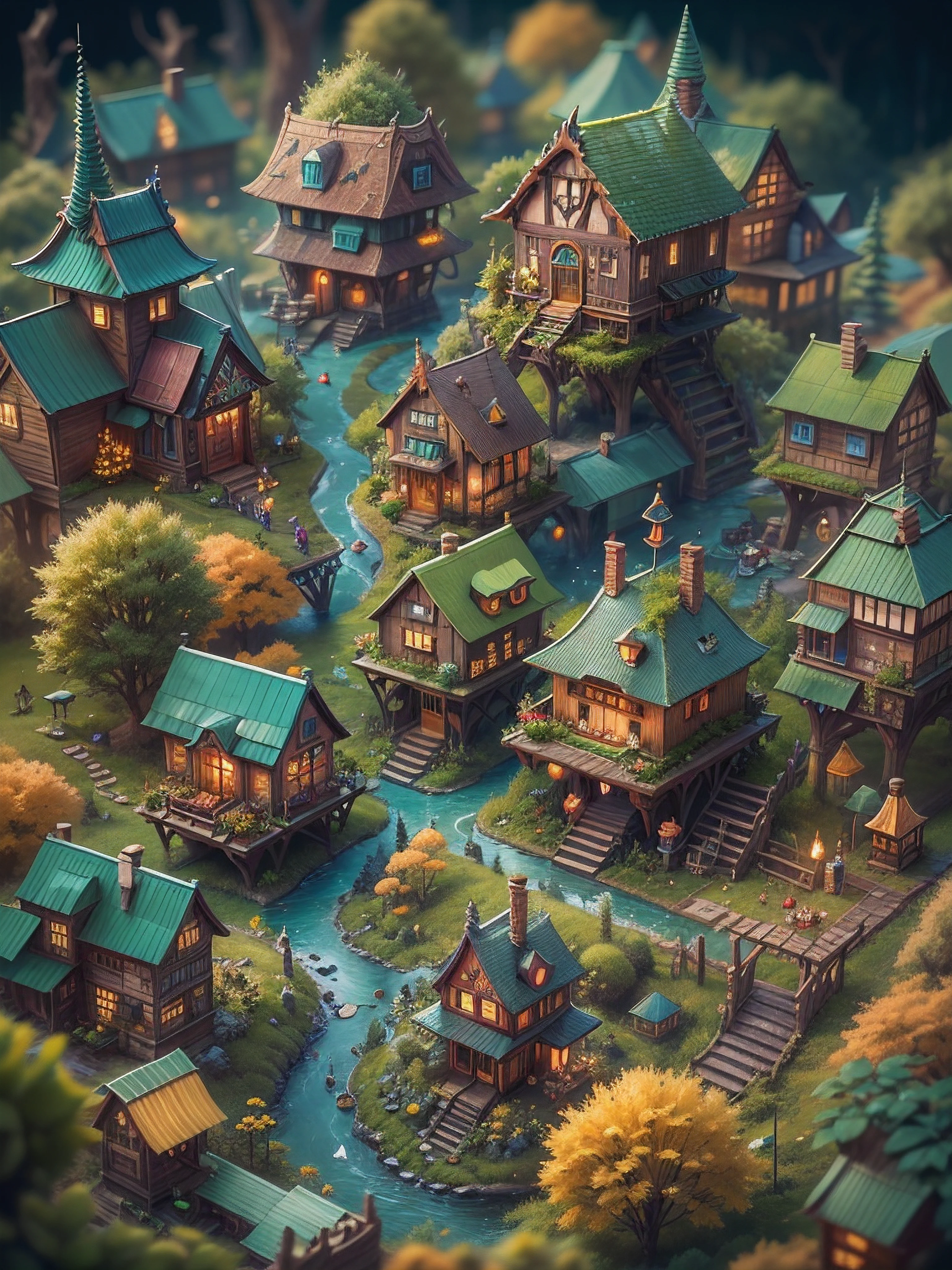 Isometric Complete tiny world with all kinds of adorable colourful tiny hairy fantasy forest houses, Miki Asai Macro photography, close-up, hyper detailed, trending on artstation, sharp focus, studio photo, intricate details, highly detailed, by greg rutkowski