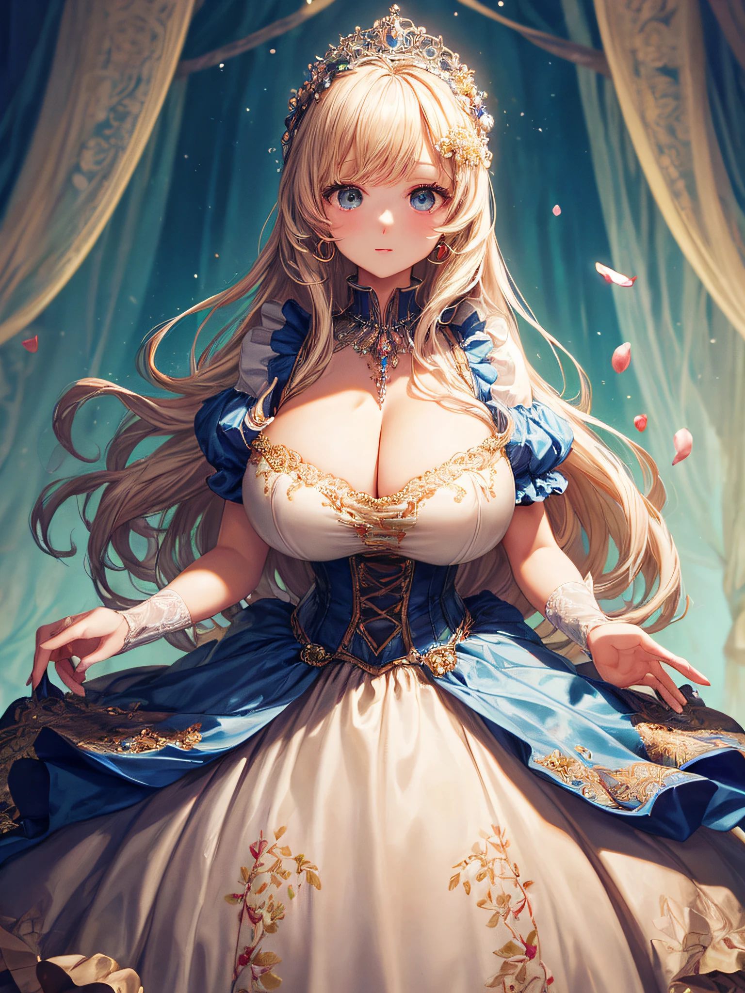 (masterpiece, best quality,extremely detailed:1.1),(moe anime art style:1.2),1girl,((full body,focus face)),((solo)), cute, kawaii,digital art,((1 gorgeous anime princess wearing beautiful embroidery and jeweled ruffled gorgeous princess rococo ballgown with voluminous full length hoop skirt)),((crinoline)),long train,voluminous frills,(gorgeous embroidery and beautiful lace),((very gigantic boobs,skindentation)),cleavage,shiny hair,(((very long hair,large amount of straight hair))),((finely detailed face and eyes)),clear pupil,extremely gorgeousfull hair ornament,(bling-bling jeweled extremely gorgeousfull tiara),(bling-bling gorgeous gemstone jewelry),long veil,beautiful background,fantasy background,flowers,flower petals flowing,full body,((beautiful embroidery and jeweled ruffled gorgeous princess rococo ballgown with voluminous full length hoop skirt))