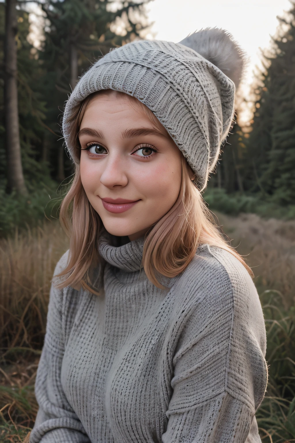 Photo Instagram, Photo de visage en gros plan de 23 ans.o Chloé in a grey sweater, avec un bonnet, pale skinned, (sourire:0.4), ombres dures, dans la foret, (regarde au loin)