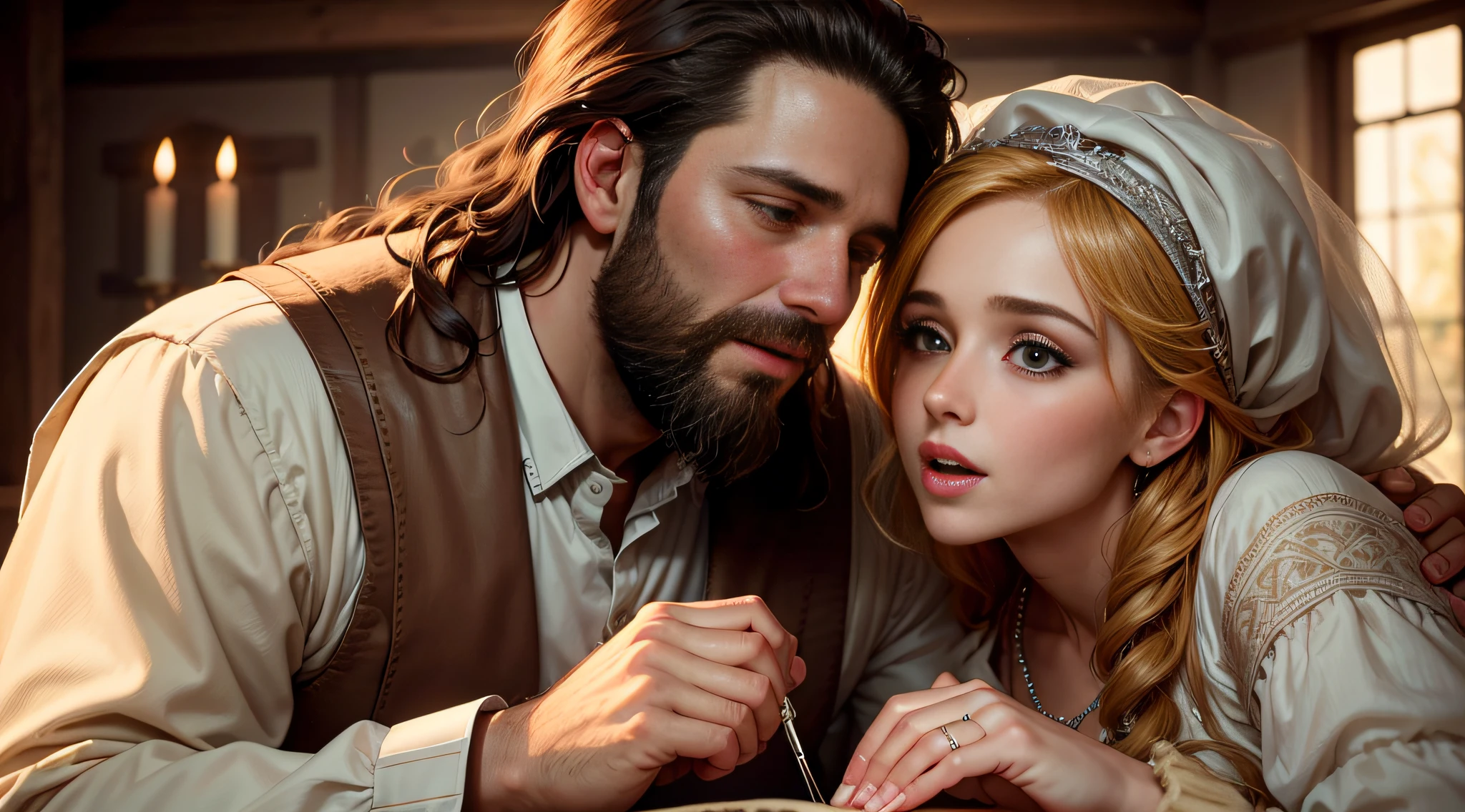 Create an image depicting the wedding of Hosea, a 35-year-old man with a beard and Gomer dressed in Christ-era clothing;. Highlight the emotion and symbolism of this realistic 8k initial moment