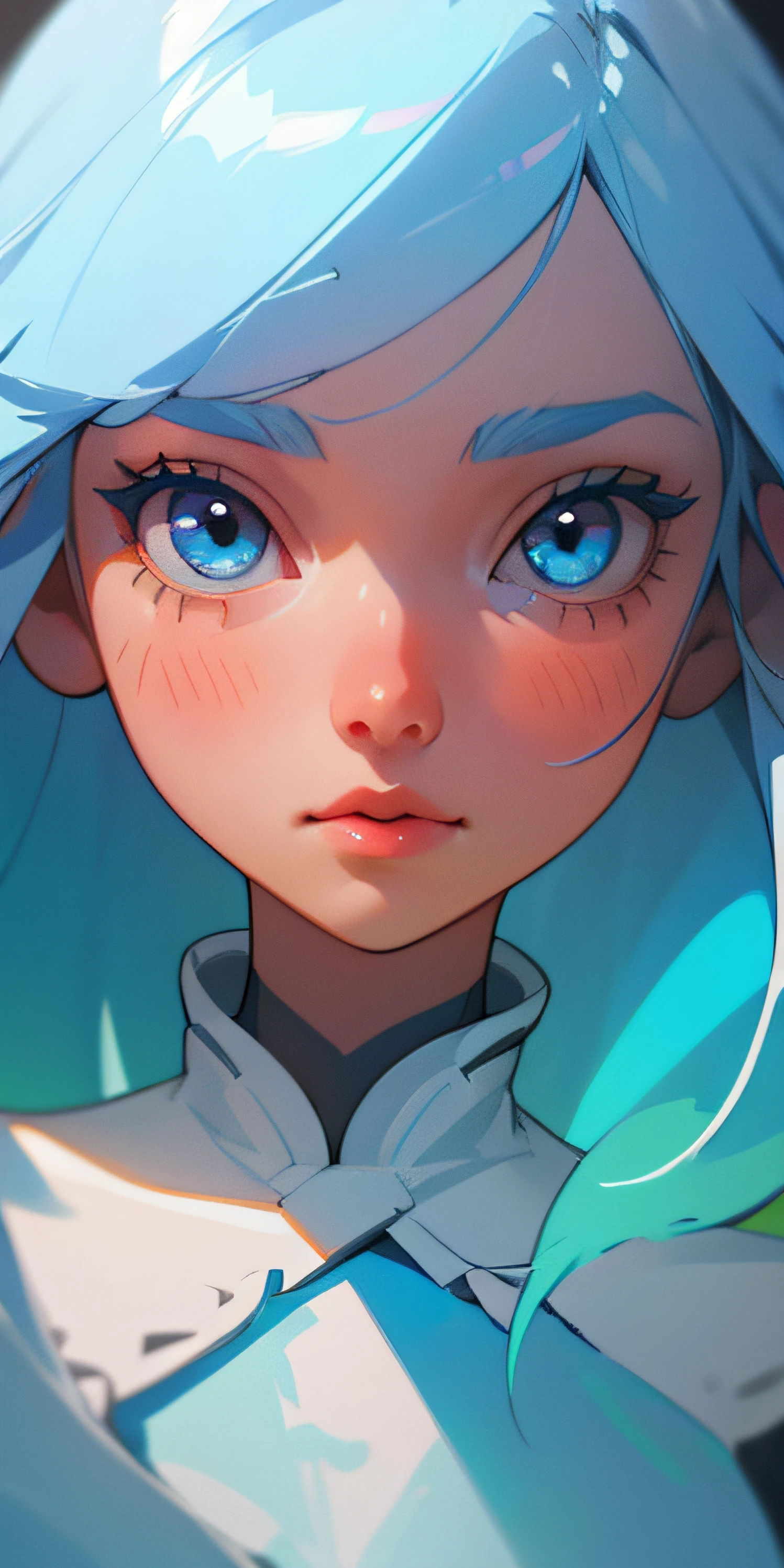 1 girl with long light blue hair, white skirt, close-up of face