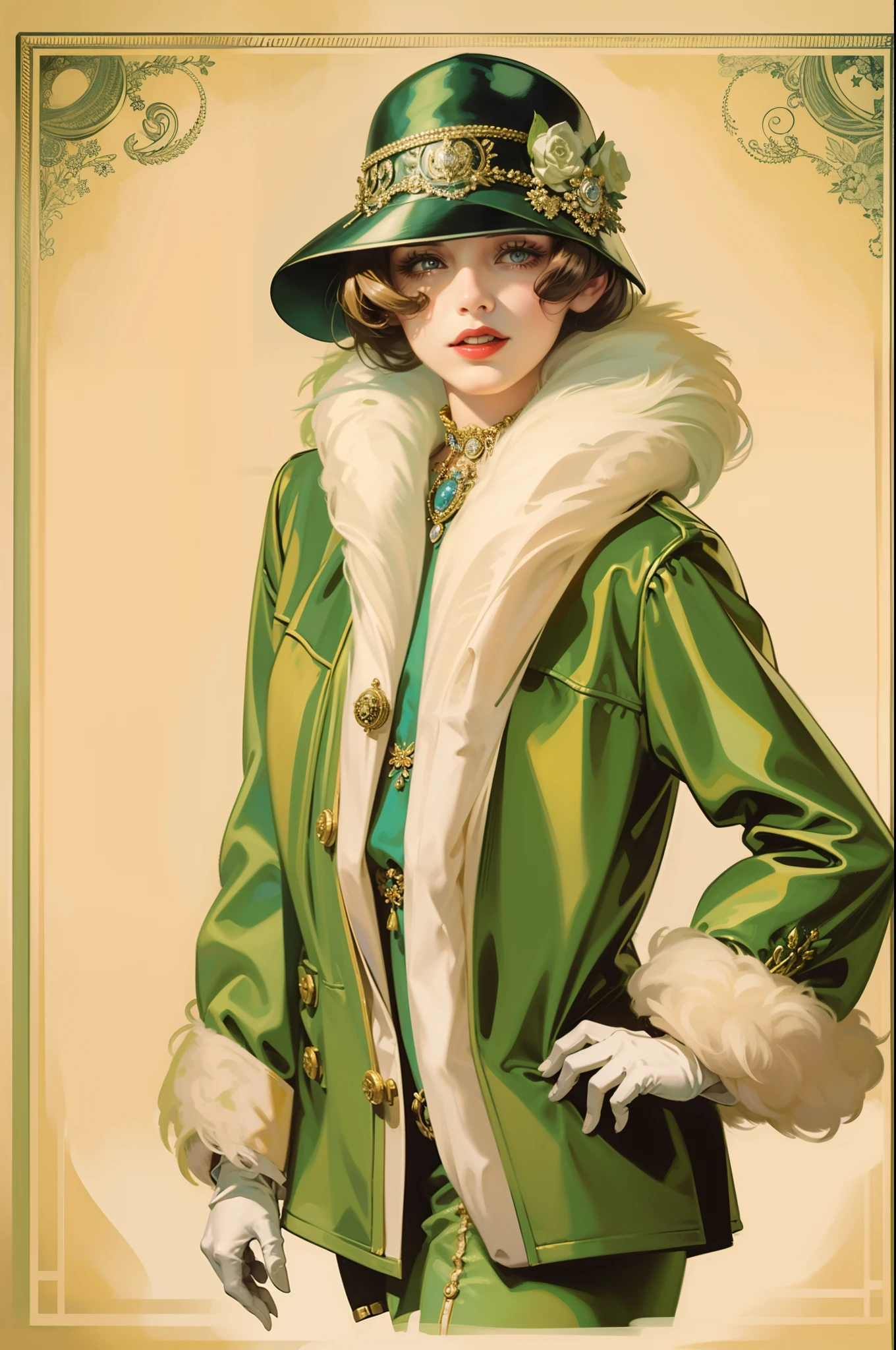 Vintage illustration,Beautiful woman wearing vintage jacket and high heels, Extraordinary temperament, 1920s fashion style, Vintage bell cap in 1920s style