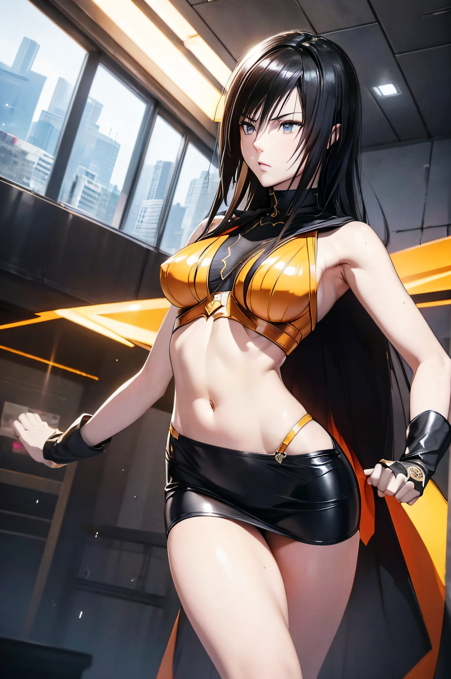 A superheroine wearing skimpy outfit, sleeveless, long hair, flying through city, chasing villains, no cape, no mask, dynamic pose, 3d, (8k), detailed texture,(hyperdetailed), (photo realistic), cinematic light, cinematic action, highly detailed, realistic, Isometric, full body, in frame, driven expression, dark theme, (extremely detailed eyes), detailed symmetric realistic face, extremely detailed natural texture, masterpiece, extremely detailed, amazing, fine detail, rich colors, hyper realistic lifelike texture, dramatic lighting, unreal engine, trending on art station, photo realistic, RAW photo, high quality, high res, sharp focus, extremely detailed, cinematic lighting, 8k, high definition, cinematic, neoprene, unreal engine 5, ultra sharp focus