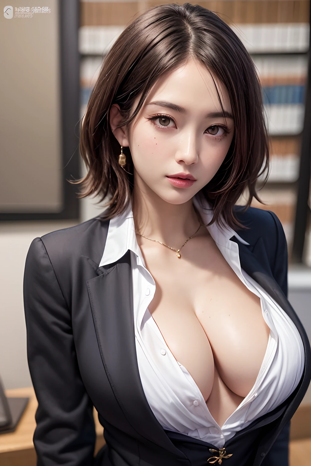 Beautiful lawyer、(Solo, 40 years old、hyperdetailed face、Detailed lips、A detailed eye、二重まぶた、Brunette Bob Hair, Black Blazer、White dress shirts、Tight micro mini skirt)、Read at her desk、at the library、(Glamorous body)、(Colossal tits)、cleavage of the breast、perfect hand, Perfect fingers, perfect chest, Perfect fit, perfect bodies, face perfect, Perfect image realism, 细致背景, detailed costume, maikurobikini、Shirt unbuttoned、Lewd librarian、Hyper-Realism、Photorealsitic、unrealengine、8K maximum resolution, (​masterpiece), ighly detailed, Professional