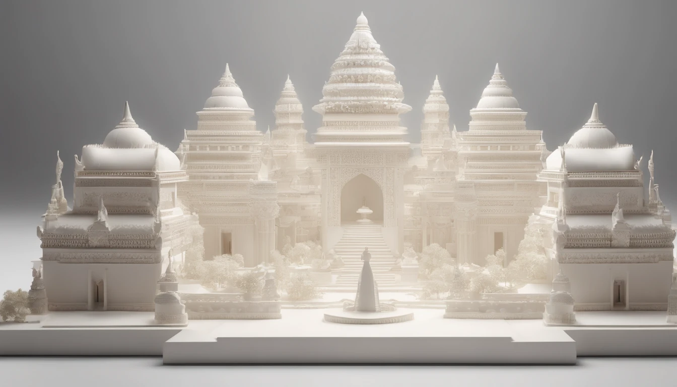 3D white pop-out carving of a celestial javanese forrestrial city, no object on the center, on the left side there is a torch pole, on the left side there is also a torch pole, rounded rectangle name plate, blank name plate, relief surround name plate, meticulously carved, white ivory carving, minimalistic, white spaces, pastel, javanese style, blank background, multidimensional paper fog crafts, paper illustration, portrait angle view, surabaya, 8k,chick, elegant, satisfying, forrestrial, high resolution, 8k