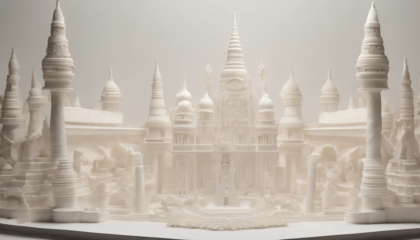 3D white pop-out carving of a celestial javanese forrestrial city, no object on the center, on the left side there is a torch pole, on the left side there is also a torch pole, rounded rectangle name plate, blank name plate, relief surround name plate, meticulously carved, white ivory carving, minimalistic, white spaces, pastel, javanese style, blank background, multidimensional paper fog crafts, paper illustration, portrait angle view, surabaya, 8k,chick, elegant, satisfying, forrestrial, high resolution, 8k