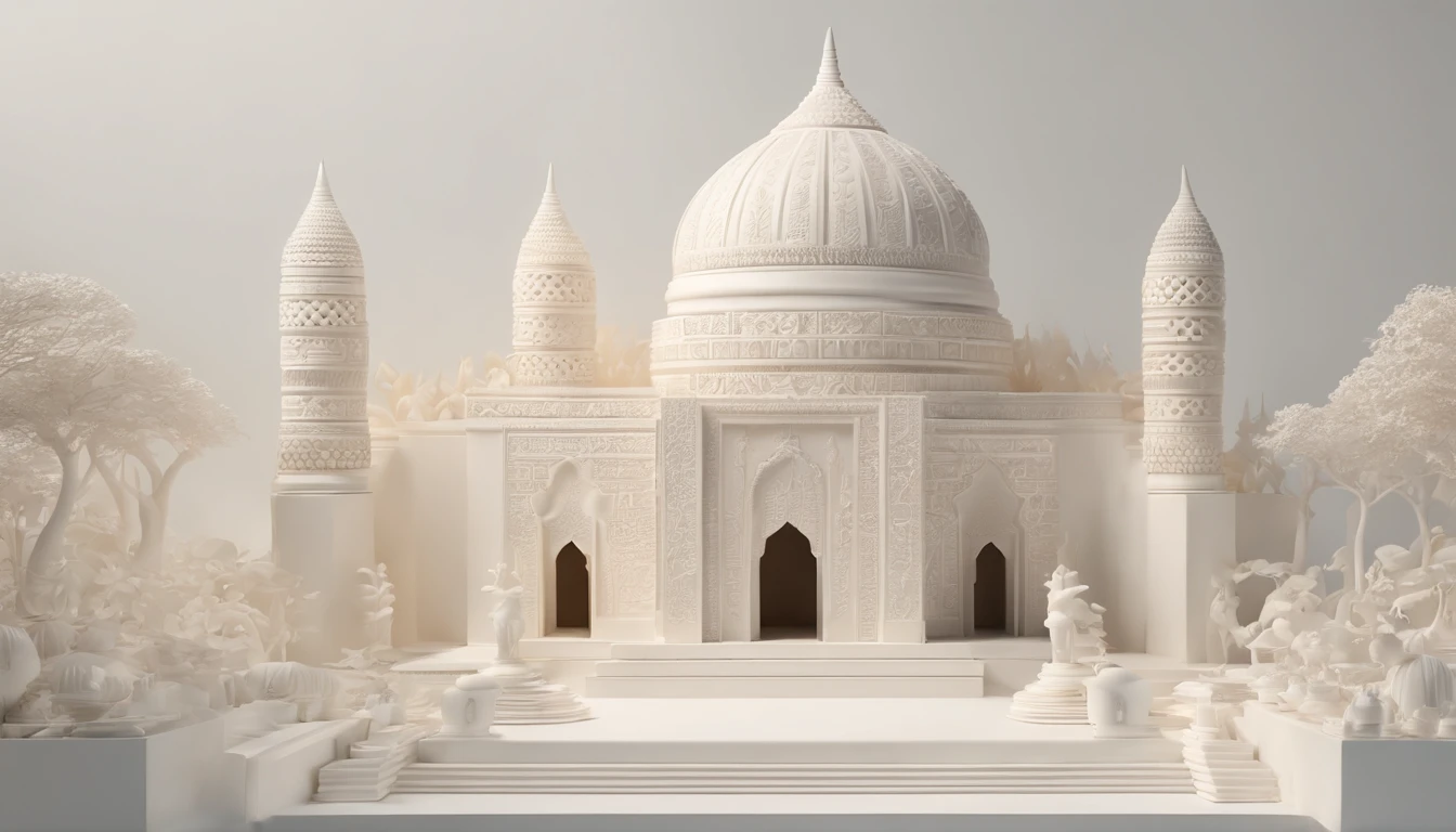 3D white pop-out carving of a celestial javanese forrestrial city, no object on the center, on the left side there is a torch pole, on the left side there is also a torch pole, rounded rectangle name plate, blank name plate, relief surround name plate, meticulously carved, white ivory carving, minimalistic, white spaces, pastel, javanese style, blank background, multidimensional paper fog crafts, paper illustration, portrait angle view, surabaya, 8k,chick, elegant, satisfying, forrestrial, high resolution, 8k