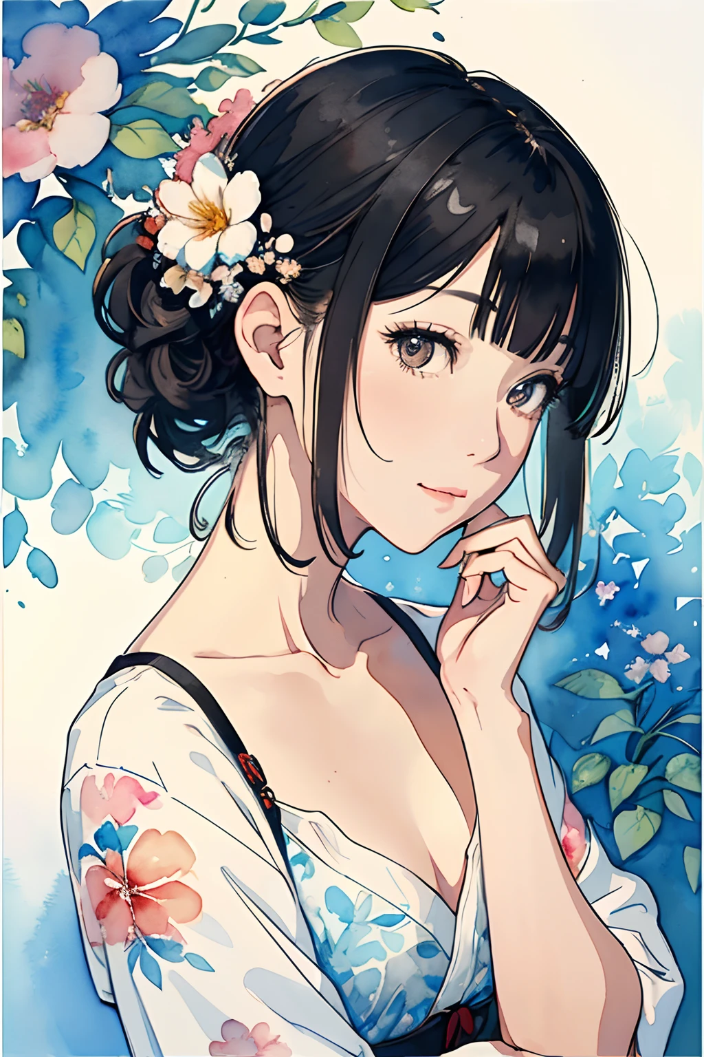 (watercolor paiting:1.2),1girl in,独奏,florals,portlate, (front-facing view), A dark-haired, Floral hair ornament, Middle chest,(Beautiful Detail Eye: 1.1), (Detailed hand), (Detail light: 1.1), Film Light