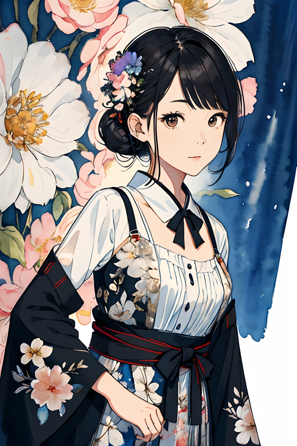 (watercolor paiting:1.2),1girl in,独奏,florals,portlate, (front-facing view), A dark-haired, Floral hair ornament, Middle chest,(Beautiful Detail Eye: 1.1), (Detailed hand), (Detail light: 1.1), Film Light
