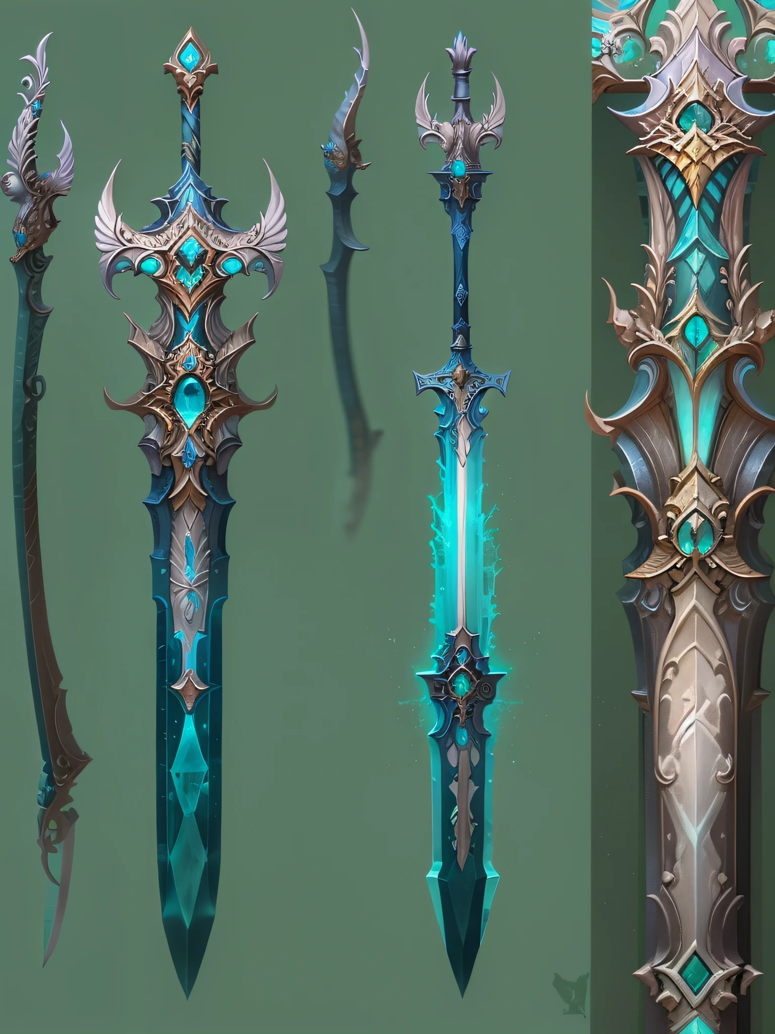 Concept art, 1 Fantasy Elven Sword, twisted, Decorated, ornate patterns, Weaving handle, 1 The blade is made of blue luminous mineral crystal, Trimmed with silver, 1weapon