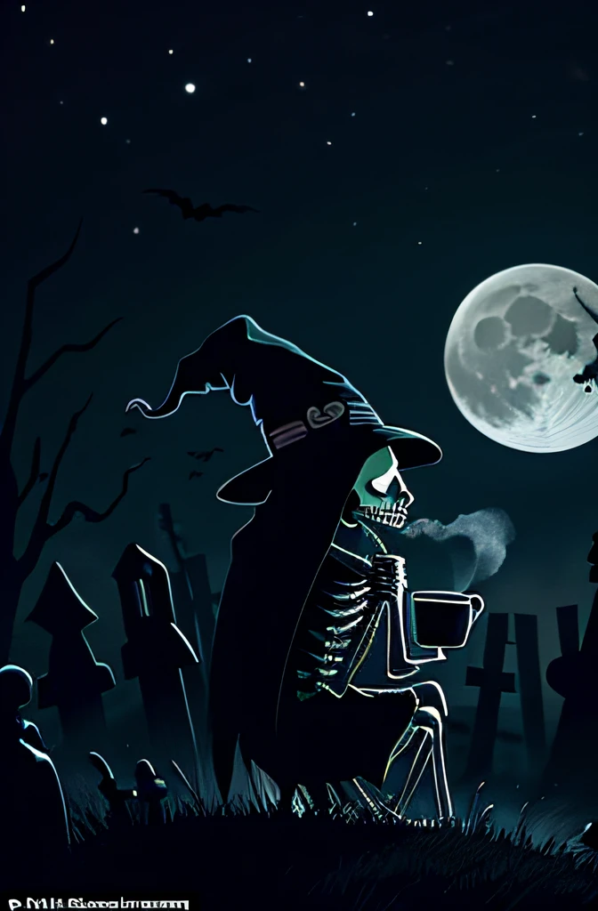 A lonely skeleton sips from a steaming mug which he is holding with both hands, in a spooky graveyard, gazing at the bright moon in the dark sky, a witches silhouette is seen over the moon as she flys on her broomstick, in the style of Tim Burton