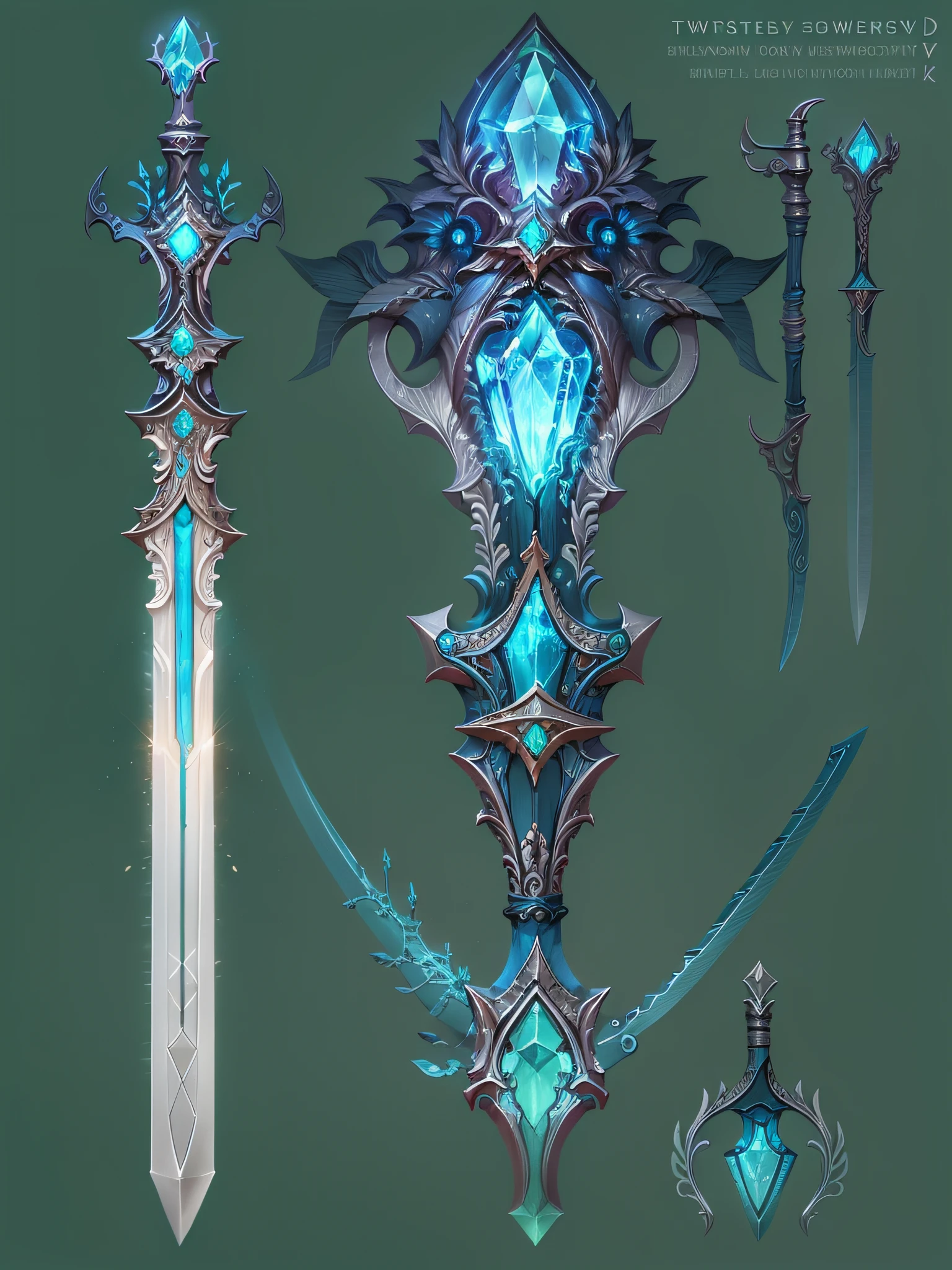 Concept art, 1 Fantasy Elven Sword, twisted, Decorated, ornate patterns, Weaving handle, 1 The blade is made of blue luminous mineral crystal, Trimmed with silver, 1weapon