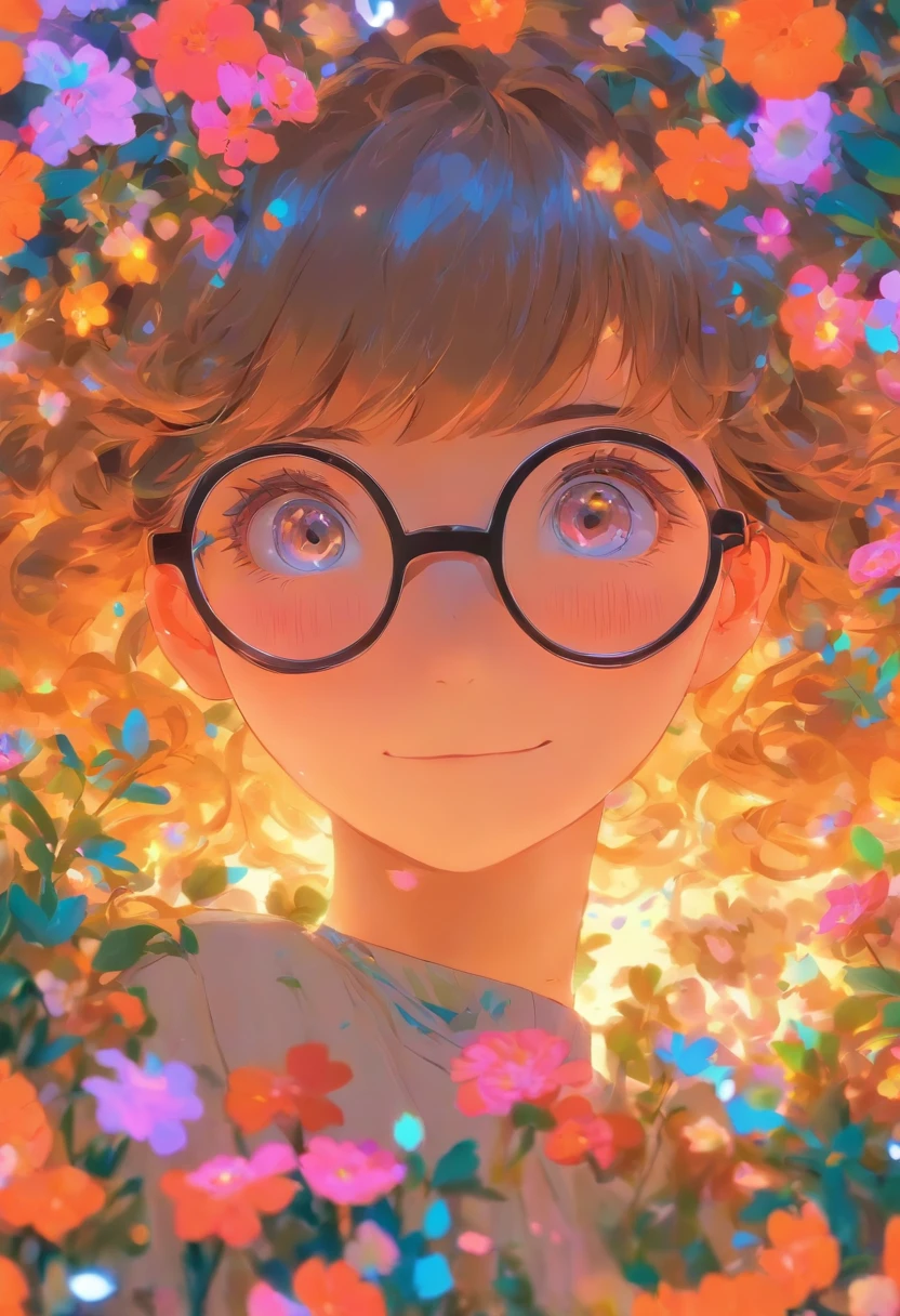 petty eyes，girl wearing spectacles，Hair is medium long，Flat bangs，ssmile，The back is surrounded by many flowers