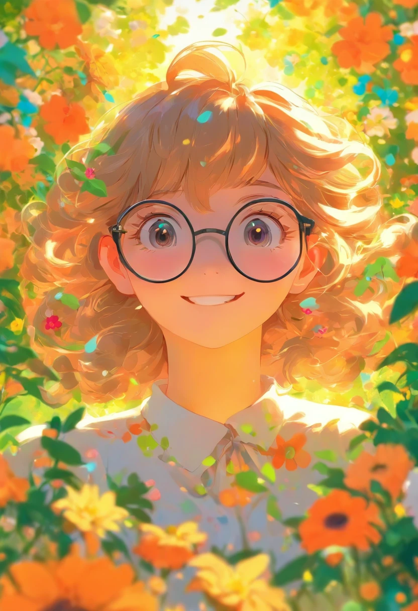 petty eyes,girl wearing spectacles,Hair is medium long,Flat bangs,ssmile,The back is surrounded by many flowers
