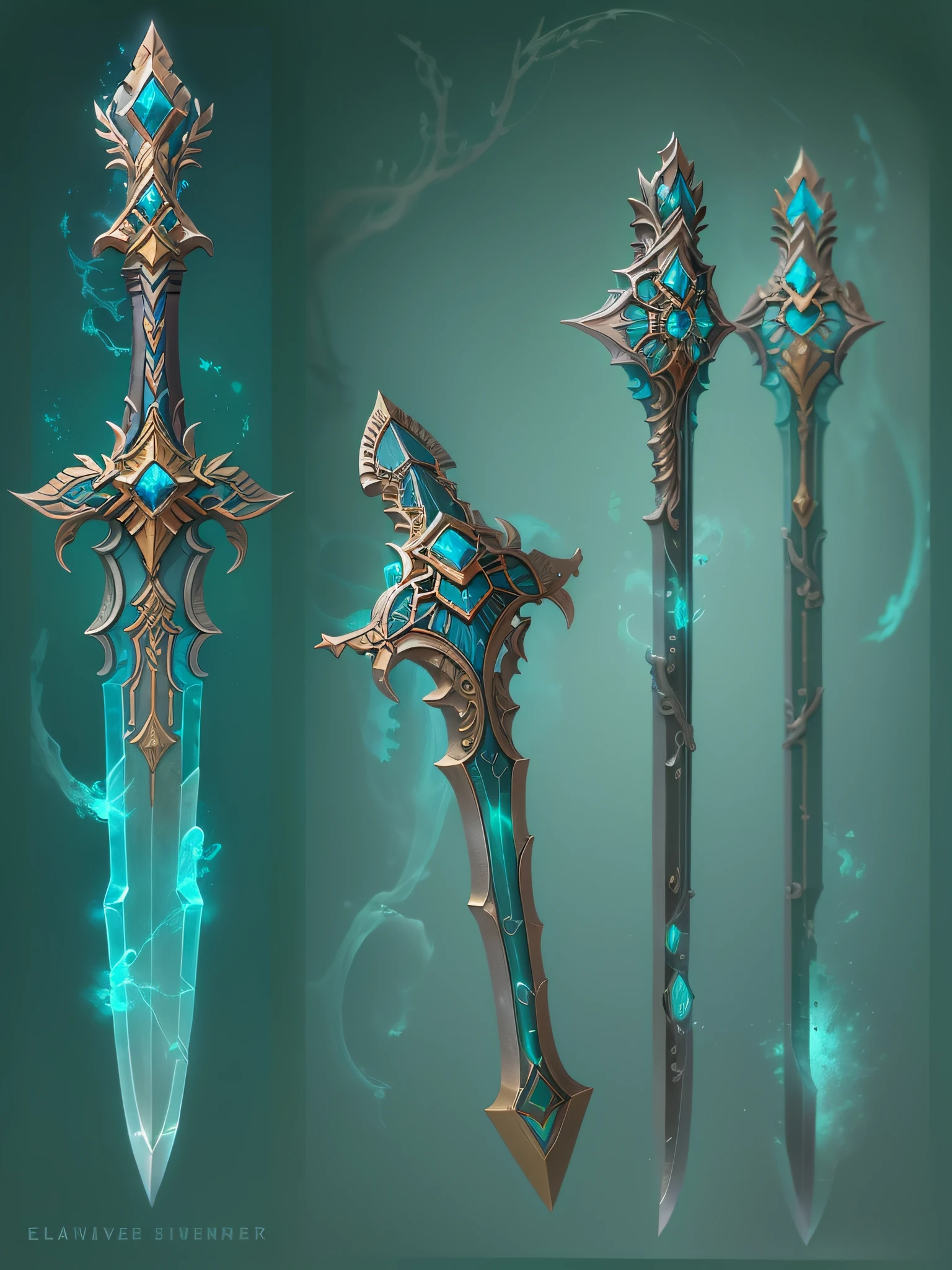 Concept art, 1 Fantasy Elven Sword, twisted, Decorated, ornate patterns, Weaving handle, 1 The blade is made of blue luminous mineral crystal, Trimmed with silver, 1weapon