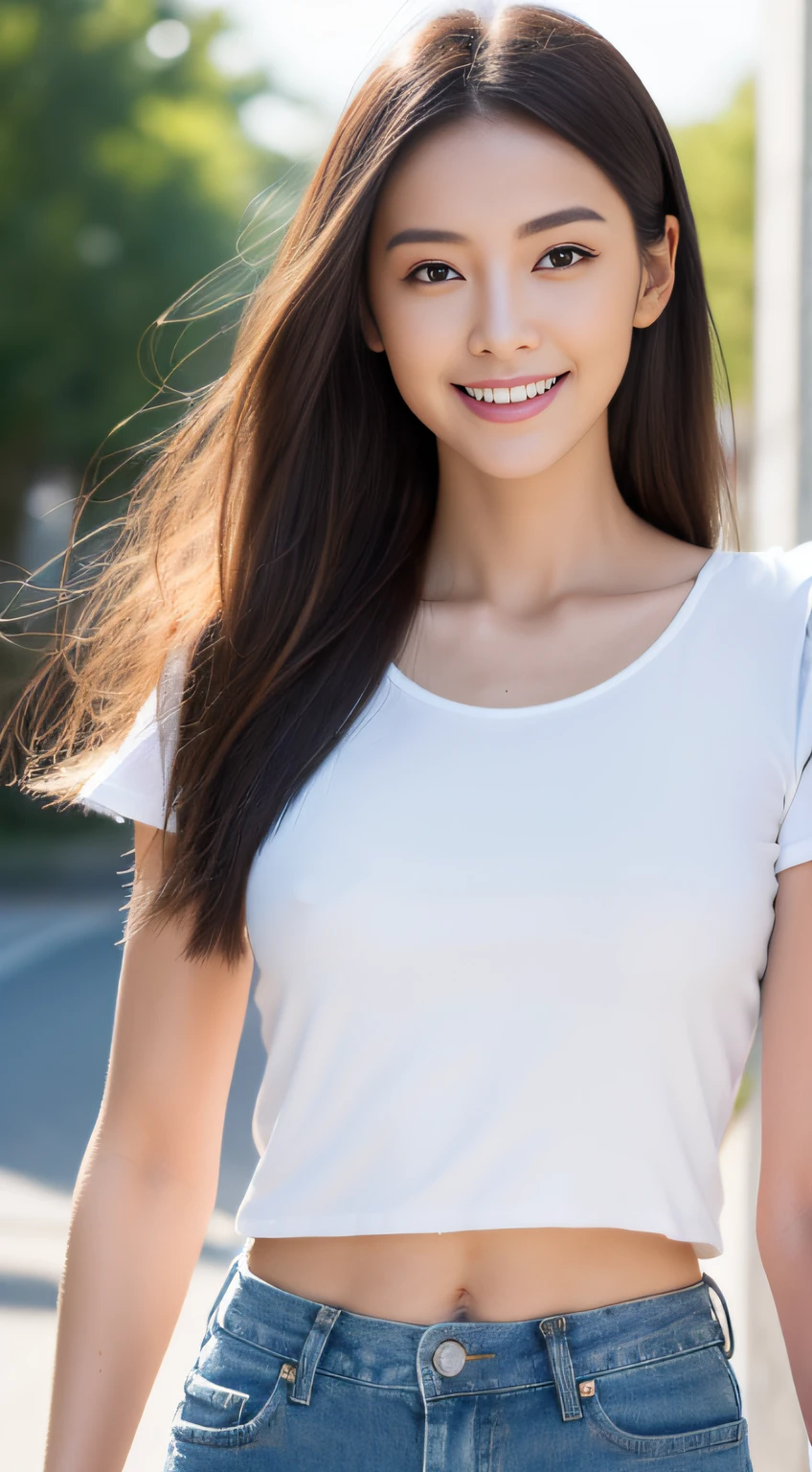 (best qualtiy,8K,tmasterpiece:1.3),(sharp fokus:1.2),(one-girl:1.2),(perfect body figure:1.4),(Slim abs:1.1),exteriors,ssmile,rays of sunshine,Fine face,beautidful eyes,Straight legs。 white shirt, worn jeans, White sneakers,