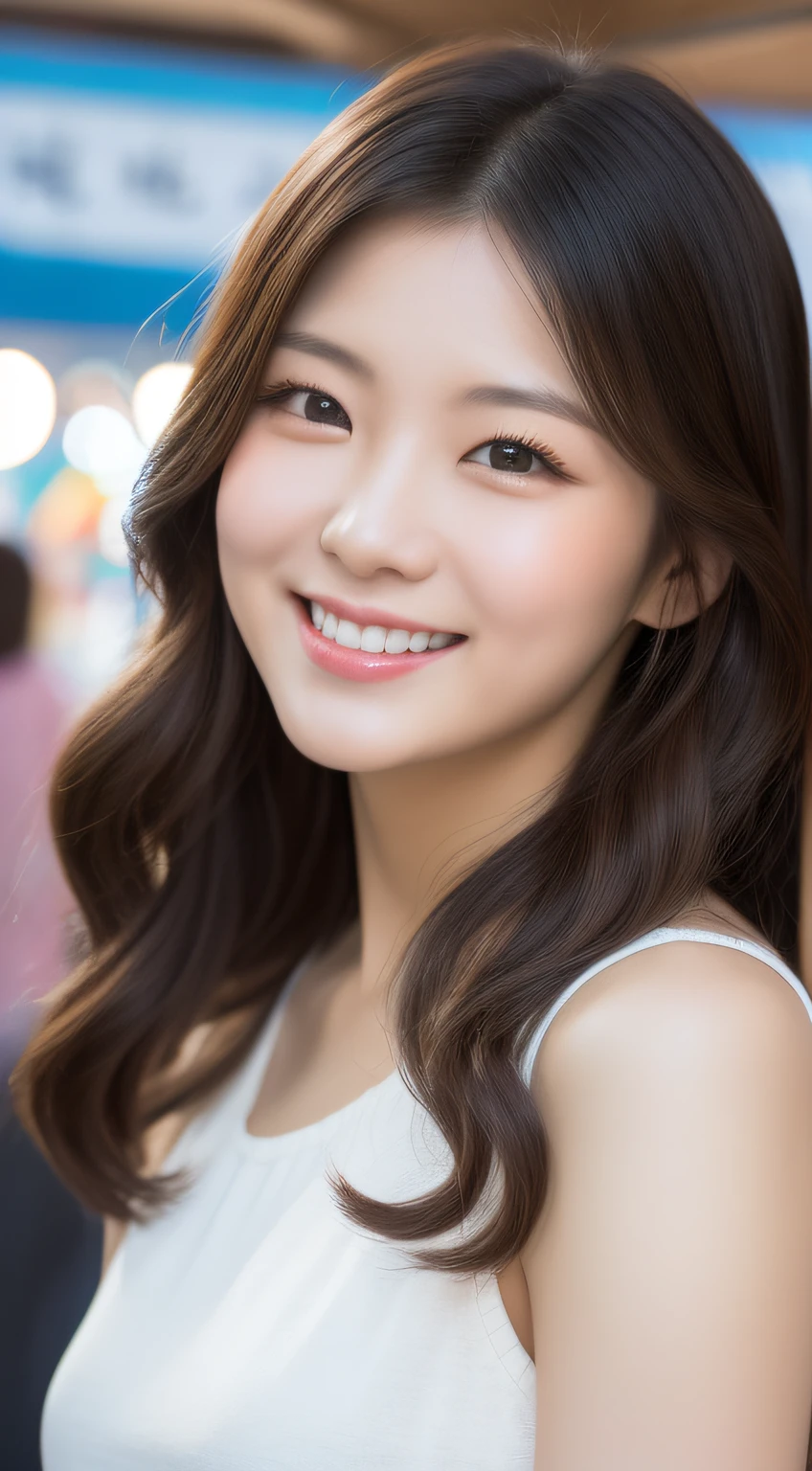 Made my girlfriend, a Korean girl, About 25 years old, Bust size 34 inches, Plump and fair,Fair and beautiful, idoly, curlies, Smile, In the amusement park, Group Shenzhen, Close-up portrait, 8K