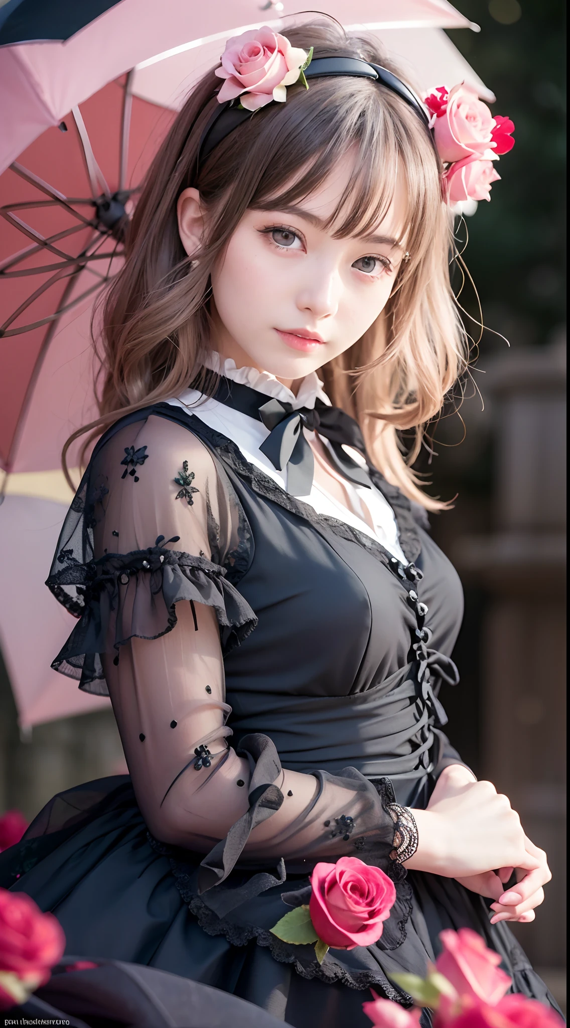 (realistic, photo-realistic:1.37), incredibly absurdres, (insanely detailed:1.3), 8k, (masterpiece), (best quality:1.4), (ultra high res:1.2), (RAW photo:1.2), ultra detailed background, (unity 8k wallpaper), 1 nogizaka girl, utterly cute, bishojo, yo, (gothic lolita fashion), an exquisitely detailed and beautiful face and eyes and skin, detailed black shine hair, elegant frills, frilled tie, ribbon tie, rose hair accessory, a dress with delicate lace, soft fabric, and a beautiful rose pattern, smile at the camera, cowboy shot, castles scenery in europe, professional lighting