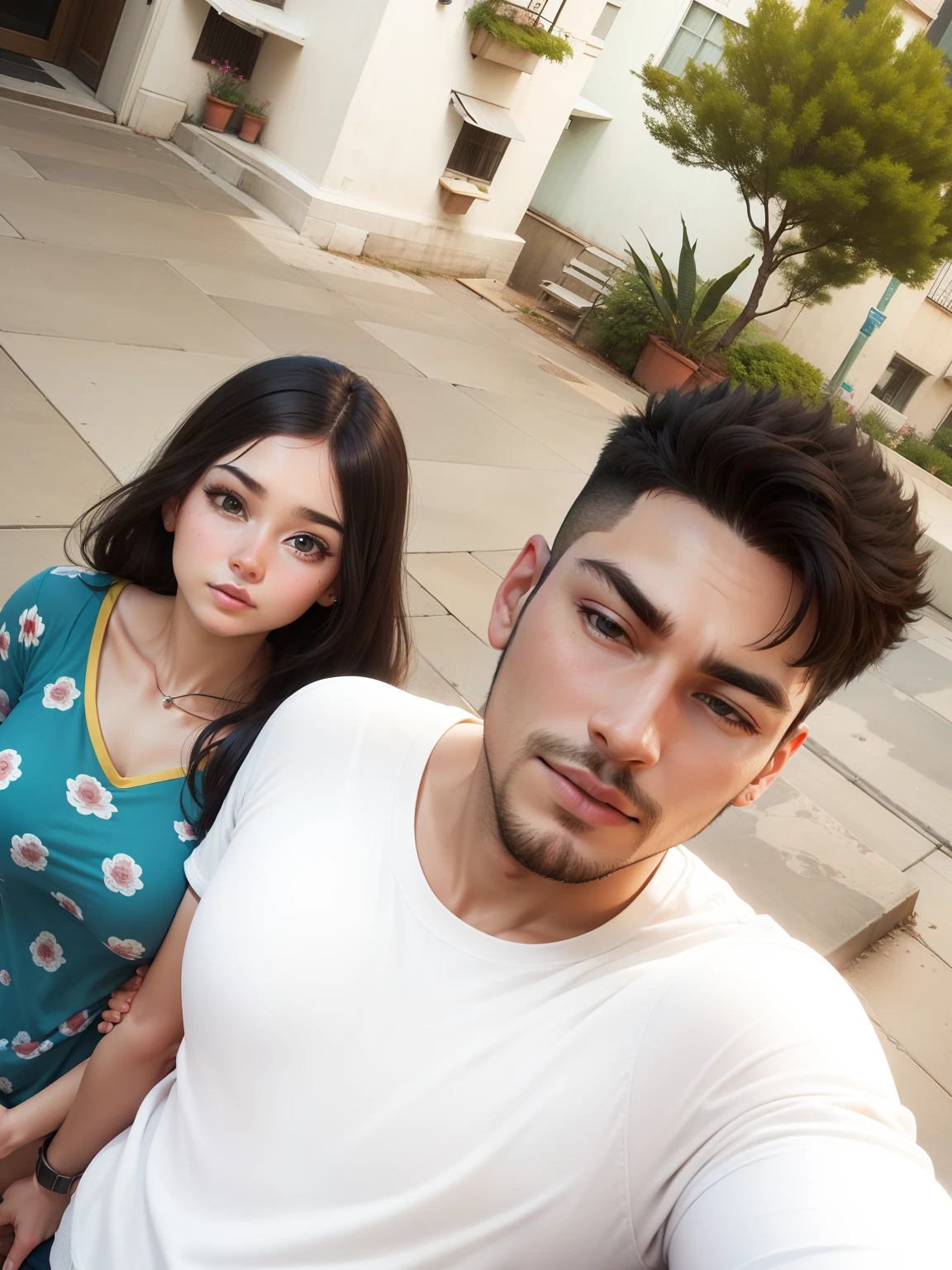 best quality, {best quality}, {{masterpiece}}, {highres}, {field field}, extremely detailed couple, illustration, couple, 1boy, 1girl, couple, love, love, romantic, sharp focus, male focus, female focus, black hair, violet eyes, sun, sunlight, lifting, t-shirts, men's clothes, expressionless, women's fashion, forest, flowers, statement