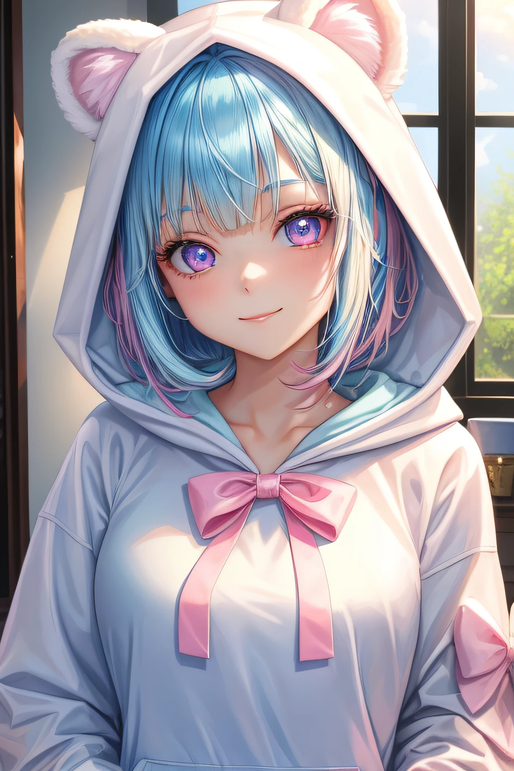 ​master piece, Best Quality, High resolution, Ultra-detailed, 1girl in, , ((Pale blue hair and pink eyes)), White hoodie, Wearing a hood, Fluffy animal ears, Bangs, Short hair, Bow, Hair Bow, Pale blue bow, A smile, Bear ears, bob cuts, Portrait, upturned eyes, living room, Pink hair and pale blue eyes,