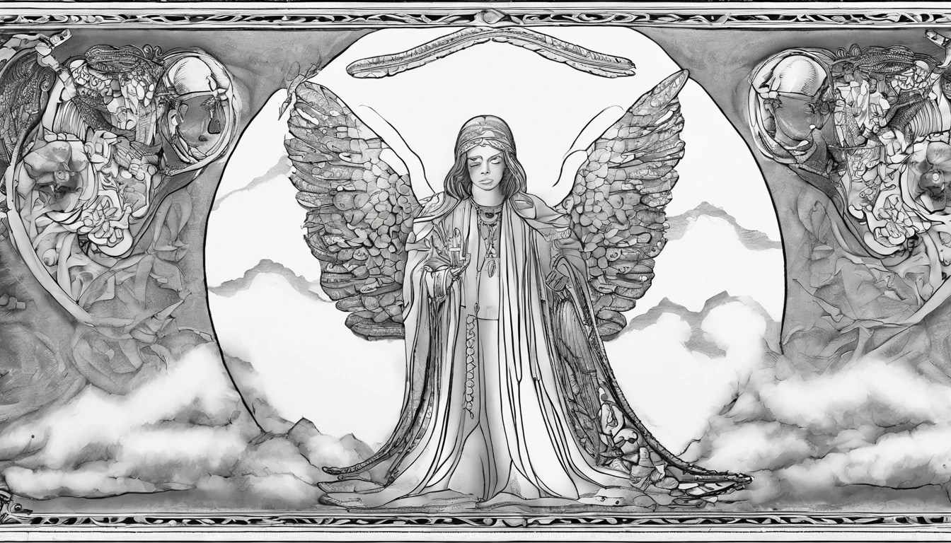 Closeup of an image of a guardian angel man praying and blessing, arcanjo homem com asas grandes, o anjo da fortuna, perfeito, Reslistic, Biblical setting, celestial scenery, sol e nuvens ultras realistas, flores e velas, illuminated archangel of heaven, Passes em segundo plano, flores coloridas, velas acesas
