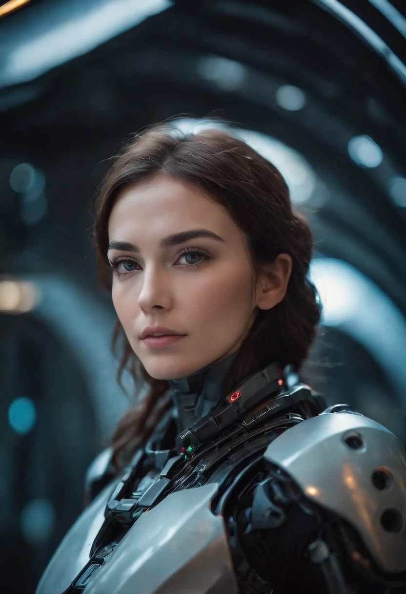 an award winning photograph of a beautiful woman, halo, intricate cyberpunk robot, highly detailed, soft bokeh Deep space nebula background, art by mooncryptowow and popular science
