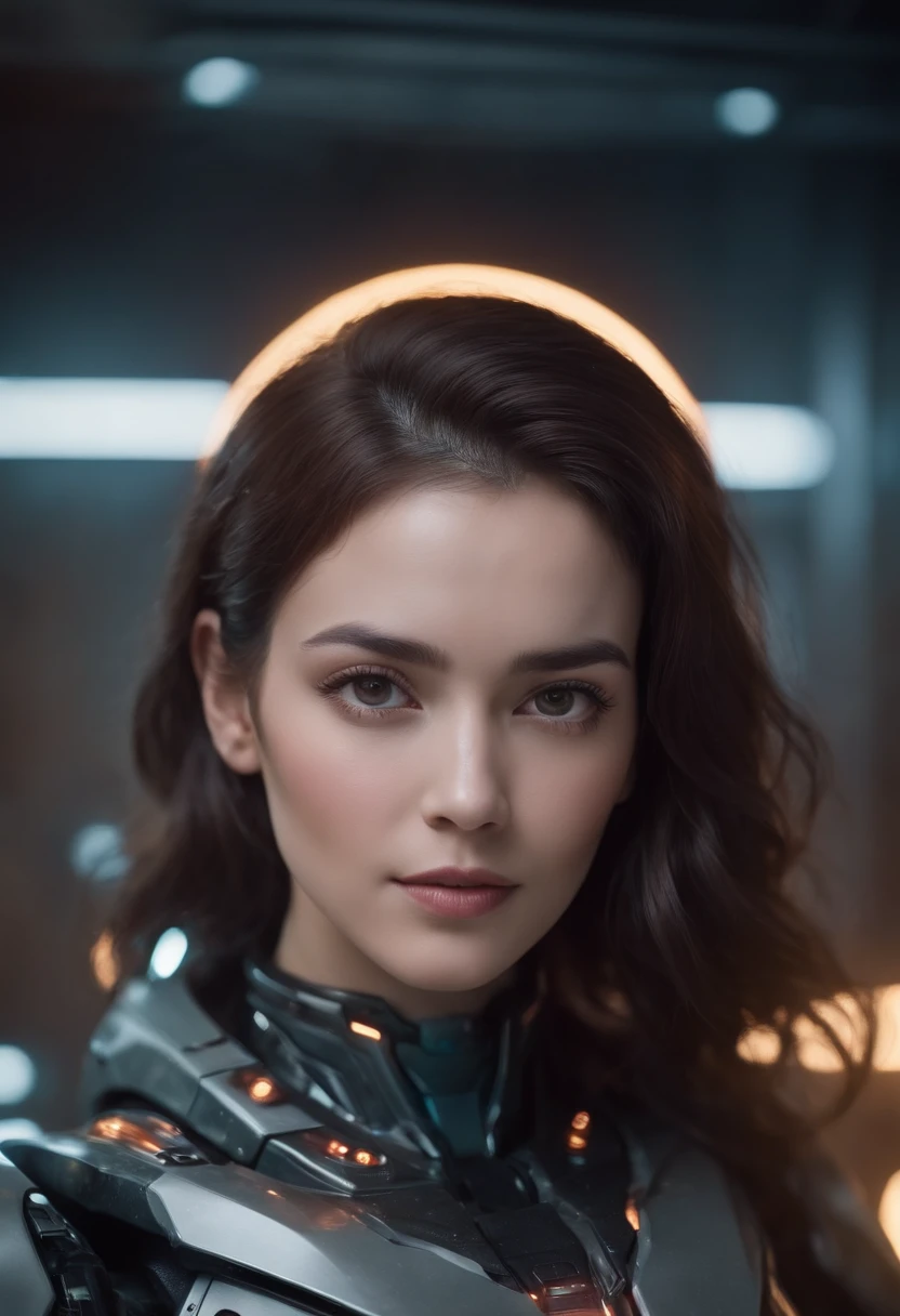 an award winning photograph of a beautiful woman, halo, intricate cyberpunk robot, highly detailed, soft bokeh Deep space nebula background, art by mooncryptowow and popular science