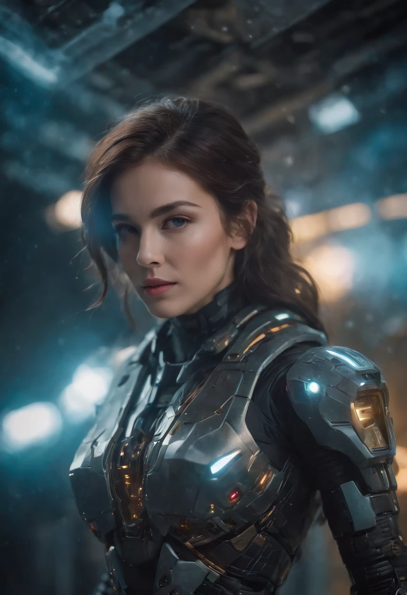 an award winning photograph of a beautiful woman, halo, intricate cyberpunk robot, highly detailed, soft bokeh Deep space nebula background, art by mooncryptowow and popular science