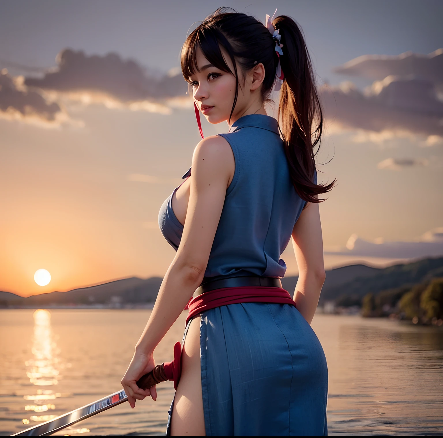 Masterpiece, super high quality, super detail, perfect drawing, CG, 3D, 8k, illustration, cute face girl, a beautiful girl from Japan, samurai costume, kimono, kimono, hakama, black hair, ponytail, big red ribbon, equipped with two Japan swords at left waist (120cm sword, 90cm wakizashi), Japan armor, back of hand, metal bowl (bowl roll with metal plate on forehead), hanging eyes, beautiful expression, dignified and handsome, beautiful smile, hands on sword hilt, cute round buttocks, turn with a smile, butt coming out pose, 3 sizes B90W60H95, moonlight leaking from the clouds, old castle, ruins, gradient sky, beautiful girl in loincloth Japanese clothes without shirt Rich breasts Appearance of the back Beautiful well-formed face big ass Look back with a cute smile MeasurementsB95W60H90, masterpiece, hyper quality, hyper detailed, perfect drawing, soil, bright, beautiful, majestic, elegant, bright, flower and bird wind moon, fantastic, passionate, dynamism, sense of speed, picturesque masterpiece, super high quality, super detail, perfect drawing, cg, 3d, 8k, illustration