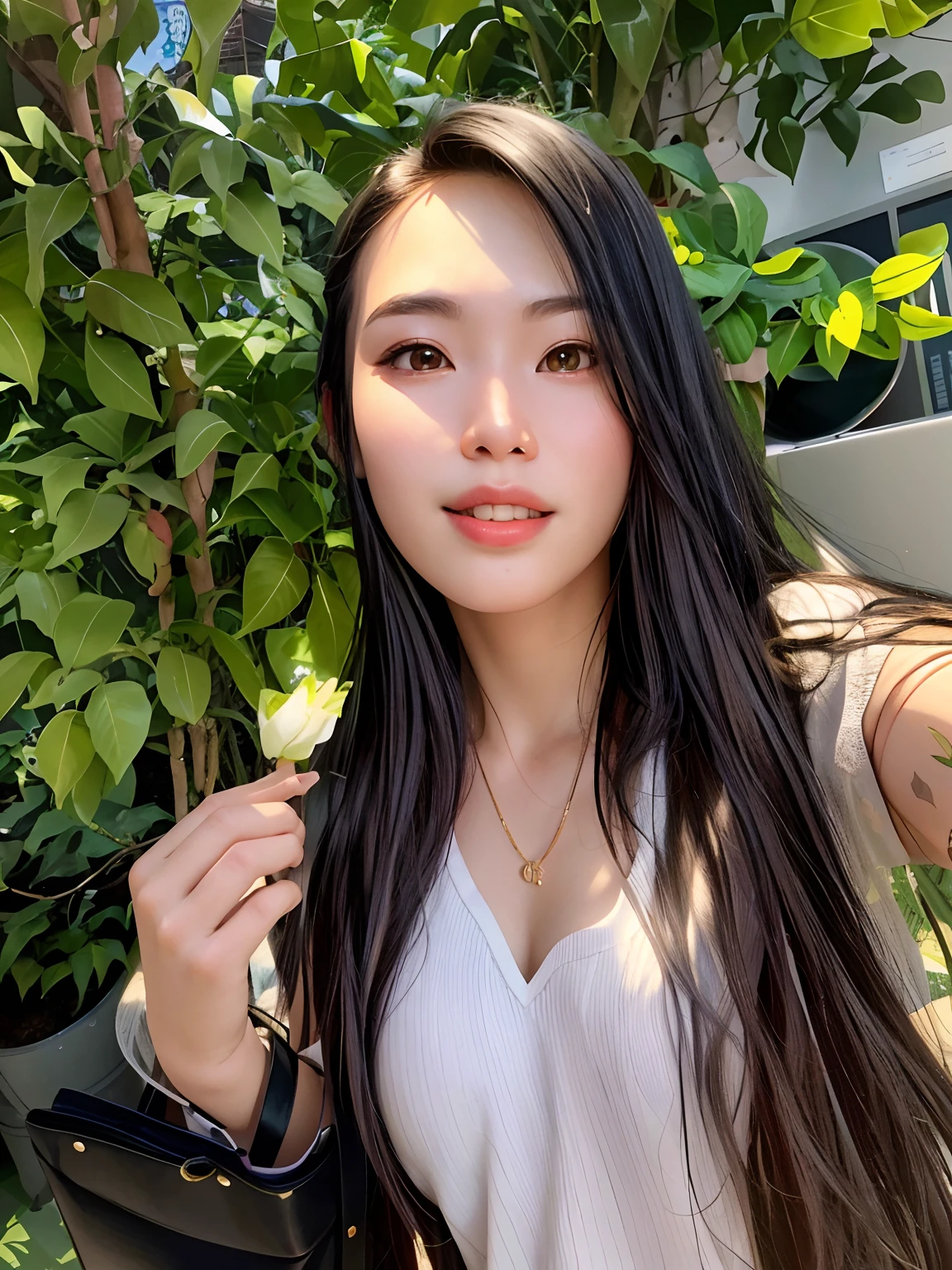 There was a woman holding a plant in her hand, 2 7 years old, A young Asian woman, 2 8 years old, 2 9 years old, mai anh tran, Asian girl with long hair, 2 3 years old, 8k selfie photograph, xision wu, 21 years old, Young Asian woman, 2 2 years old, Young Asian girl