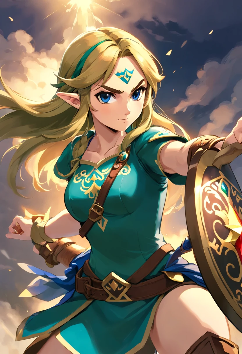 "(Best quality,A high resolution,Photorealistic:1.37),Ultra-detailed,Zelda Comics,woman,warrior,Full armor,Raise your shield to fend off an attack,Beautiful detailed eyes,Detailed lips,Strong and confident posture,Strong and muscular legs,Fierce expression,Flowing hair,Well-designed armor design,Sparkling metallic texture,Dynamic background,stormy sky,Dramatic lighting,Vibrant colors"