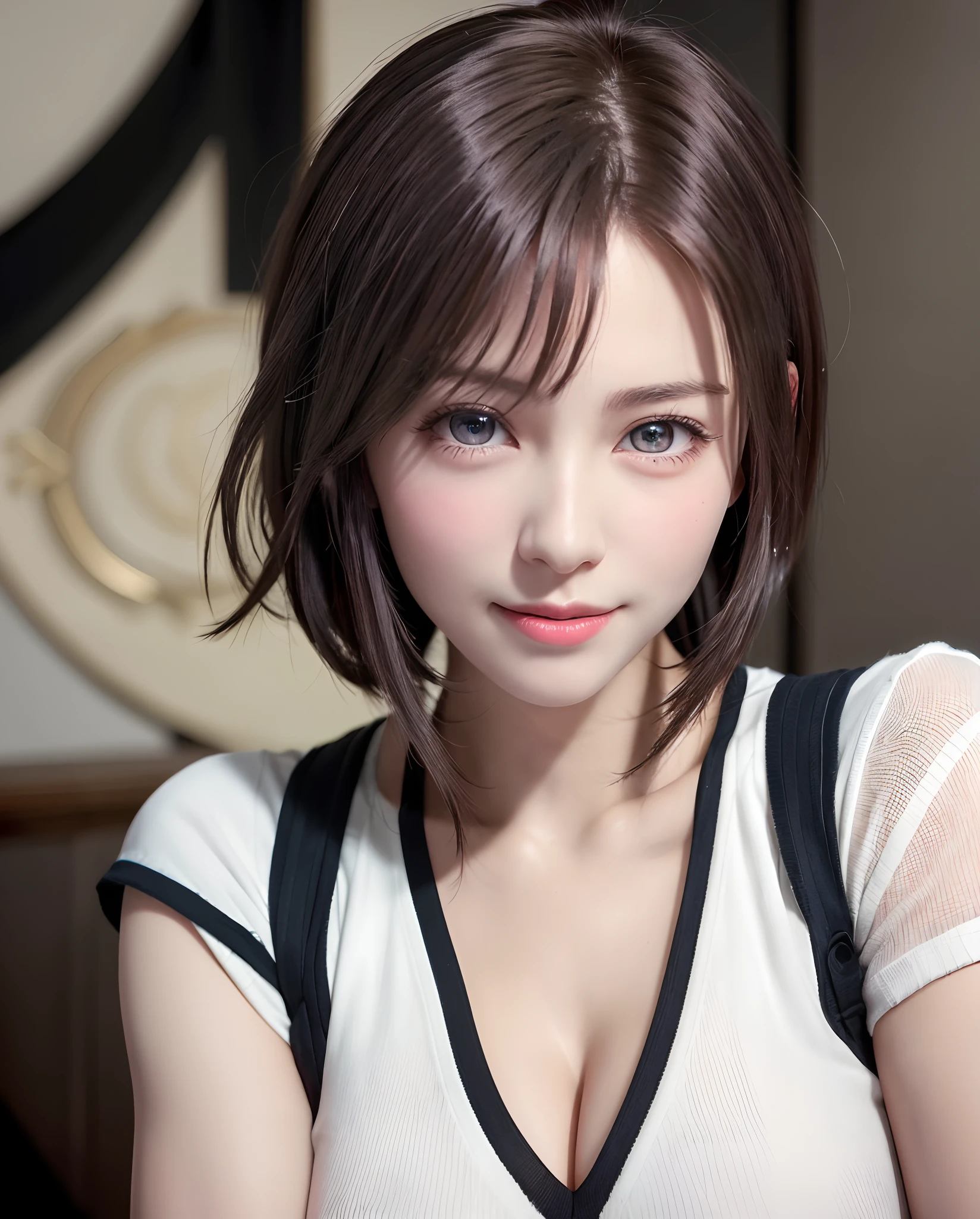 Top quality, ultra high resolution, (photorealistic: 1.4), beautiful eyes, super beautiful, short hair, beautiful breasts, lover, t-shirt with rough chest, eyes inviting viewer, lover's eyes, inviting facial expressions, sexy smile, perfect style, perfect balance, detailed skin, naughty eyes, chest visible