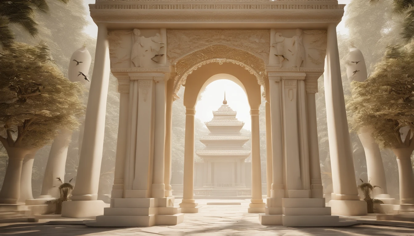 3D white pop-out carving of a celestial javanese gates, surrounded by a forrest with flying birds and trees carvings, no object on the center, on the left side there is a torch pole, on the left side there is also a torch pole, rounded rectangle name plate, blank name plate, relief surround name plate, meticulously carved, white ivory carving, minimalistic, white spaces, pastel, javanese style, blank background, multidimensional paper fog crafts, paper illustration, portrait angle view, surabaya, 8k,chick, elegant, satisfying, forrestrial, high resolution, 8k
