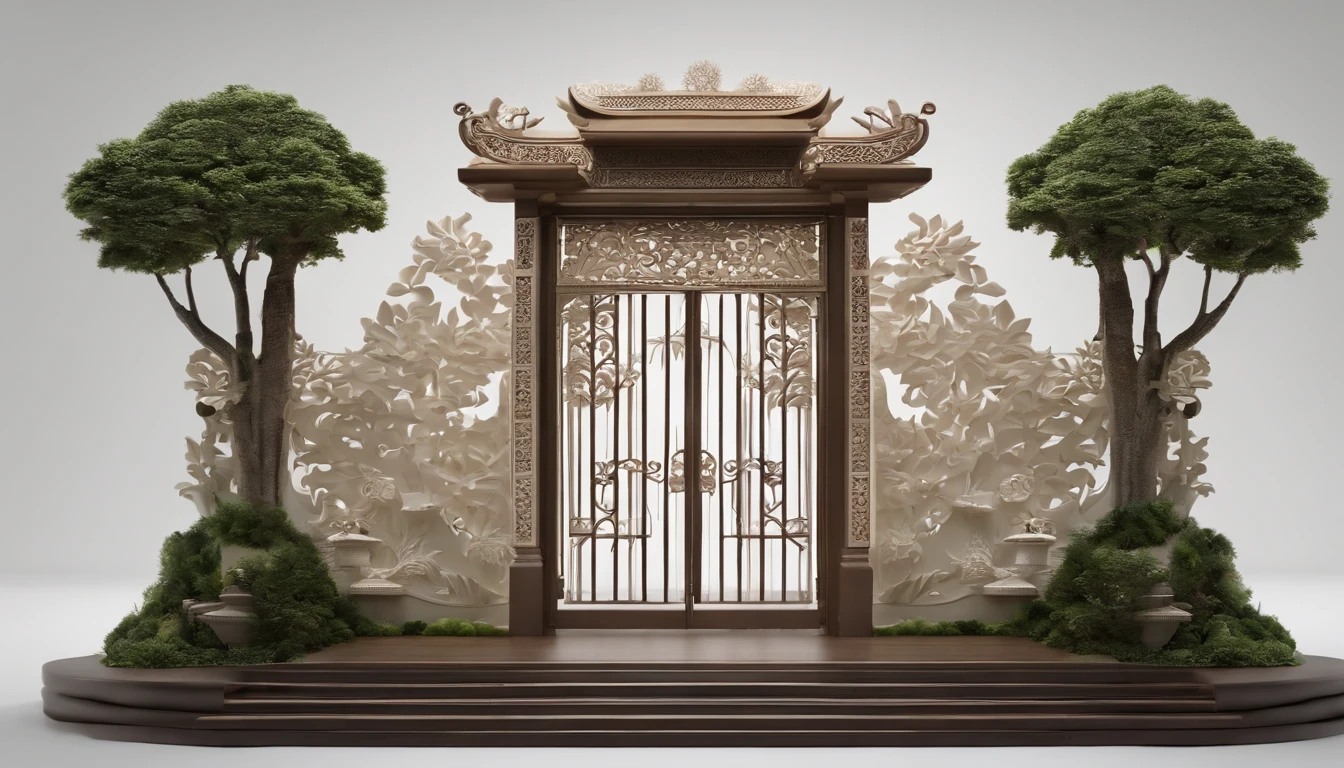 3D white pop-out carving of a celestial javanese gates, surrounded by a forrest with flying birds and trees carvings, no object on the center, on the left side there is a torch pole, on the left side there is also a torch pole, rounded rectangle name plate, blank name plate, relief surround name plate, meticulously carved, white ivory carving, minimalistic, white spaces, pastel, javanese style, blank background, multidimensional paper fog crafts, paper illustration, portrait angle view, surabaya, 8k,chick, elegant, satisfying, forrestrial, high resolution, 8k
