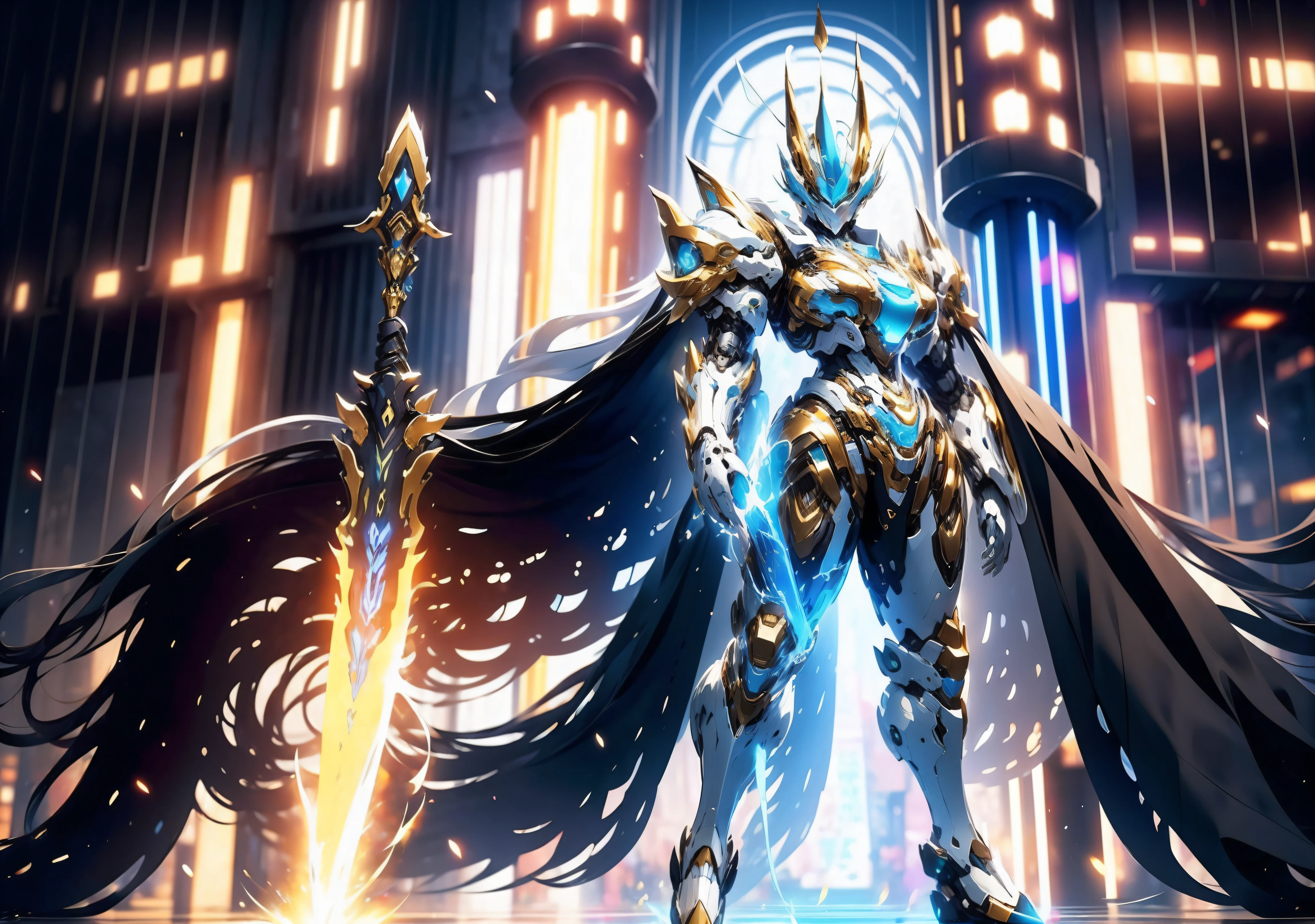 （super wide shot, Full body frontal photo）, Mecha warrior style,《White and blue mechs》，（Mecha warrior girl，Yellow metal armor，）, （super wide shot, Full body frontal photo）， offcial art, 统一 8k 壁纸, ultra - detailed, Beautiful and aesthetic, big breasts beautiful, tmasterpiece, Best quality at best, primitive，tmasterpiece，ultra fine photos，，best qualtiy，超高分辨率，Photoreality，rays of sunshine，full-body portraits，stunningly beautiful，，dynamicposes，delicated face，Vibrant eyes，She wears a futuristic mech，（Beautiful detail background），detailed face with，Detailed and complex busy background，Untidy，opulent，milkyW，Highly detailed skin，Realistic details of skin，Visible Pore，tack sharp focus，volume fog，8K  UHD，digital SLR camera，high qulity，filmgrain，White skin of the，photo-realism，DL，Huge metropolis in a dystopia of the future , look from down, semi transparent