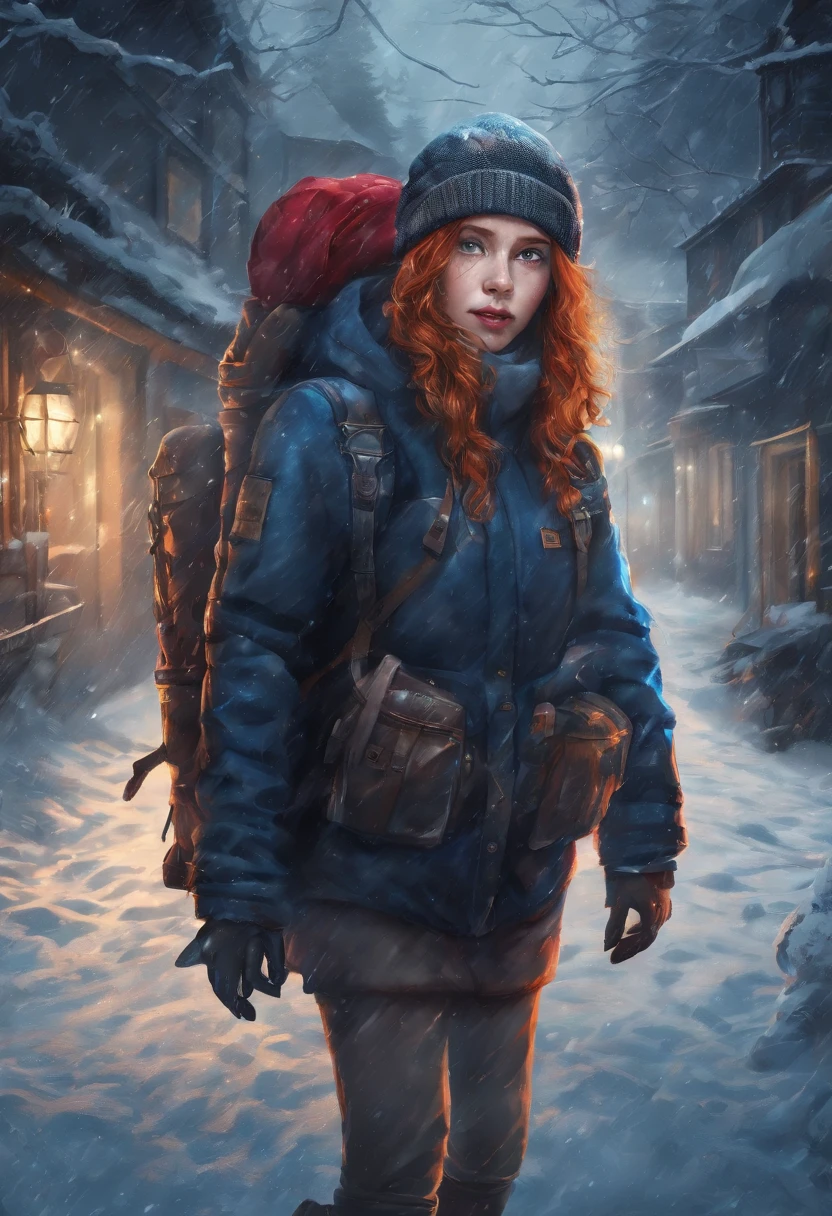 (masterpiece, best quality:1.4), cinematic light, colorful, high contrast, 4k master piece, high detail, night time, dark, exterior of a red haired girl with blue eyes, wearing a dark blue sweater and beanie, with black tights and wearing a yellow backpack, walking through an empty snowy village at night, dark, scary, foggy and snowing, dramatic framing
