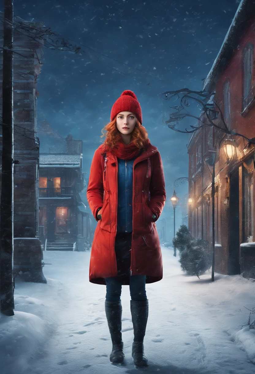 (masterpiece, best quality:1.4), cinematic light, colorful, high contrast, 4k master piece, high detail, night time, dark, exterior of a red haired girl with blue eyes, wearing a dark blue sweater and beanie, with black tights and wearing a yellow backpack, walking through an empty snowy village at night, dark, scary, foggy and snowing, dramatic framing
