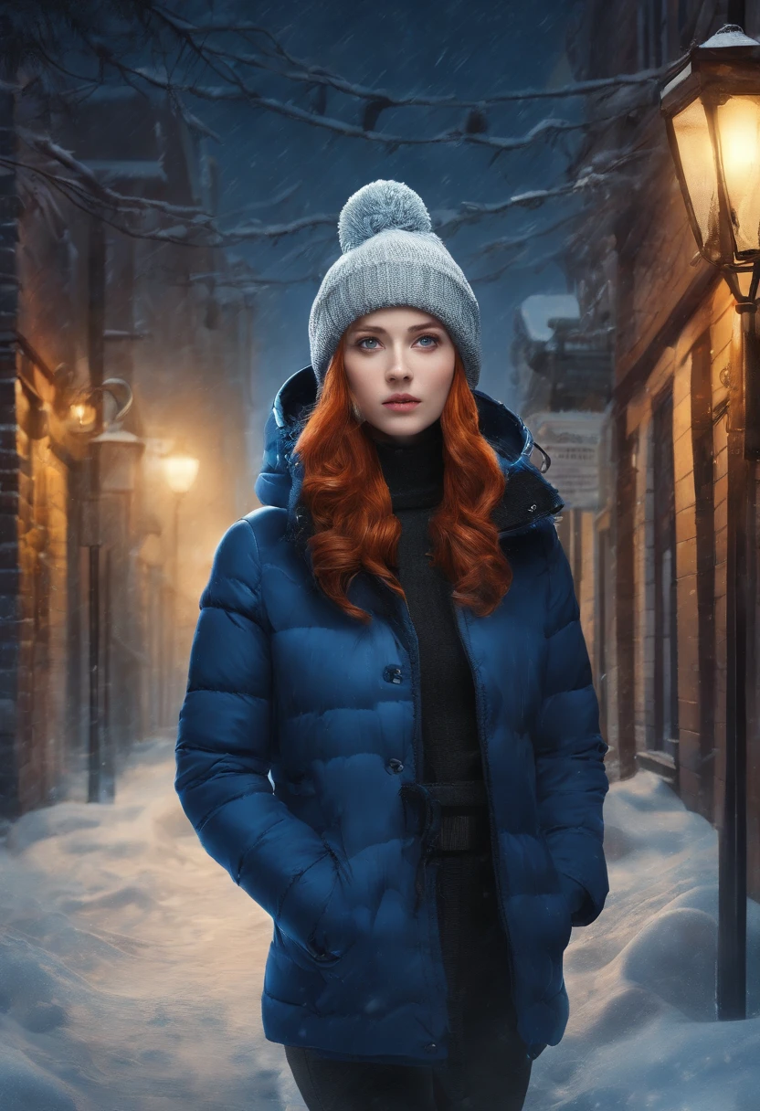 (masterpiece, best quality:1.4), cinematic light, colorful, high contrast, 4k master piece, high detail, night time, dark, exterior of a red haired girl with blue eyes, wearing a dark blue sweater and beanie, with black tights and wearing a yellow backpack, walking through an empty snowy village at night, dark, scary, foggy and snowing, dramatic framing